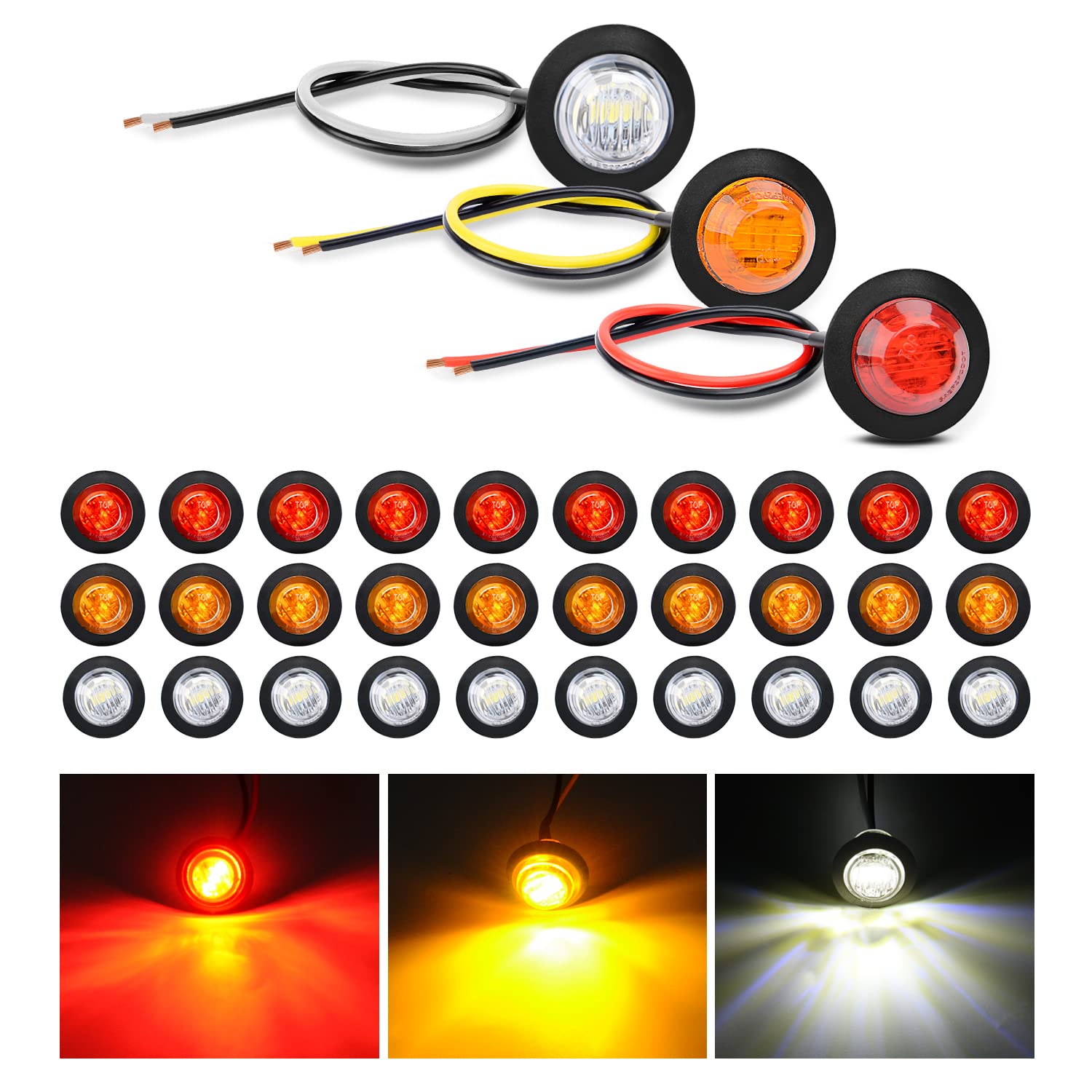 Nilight 30-Pack 3/4 Inch Round LED Clearance Lights - Waterproof Side Marker Bullet Lights for Trucks, RVs, Trailers, Vans, Boats (Front/Rear/Side Mount) - Perfect for Night Driving & Vehicle Safety Lighting