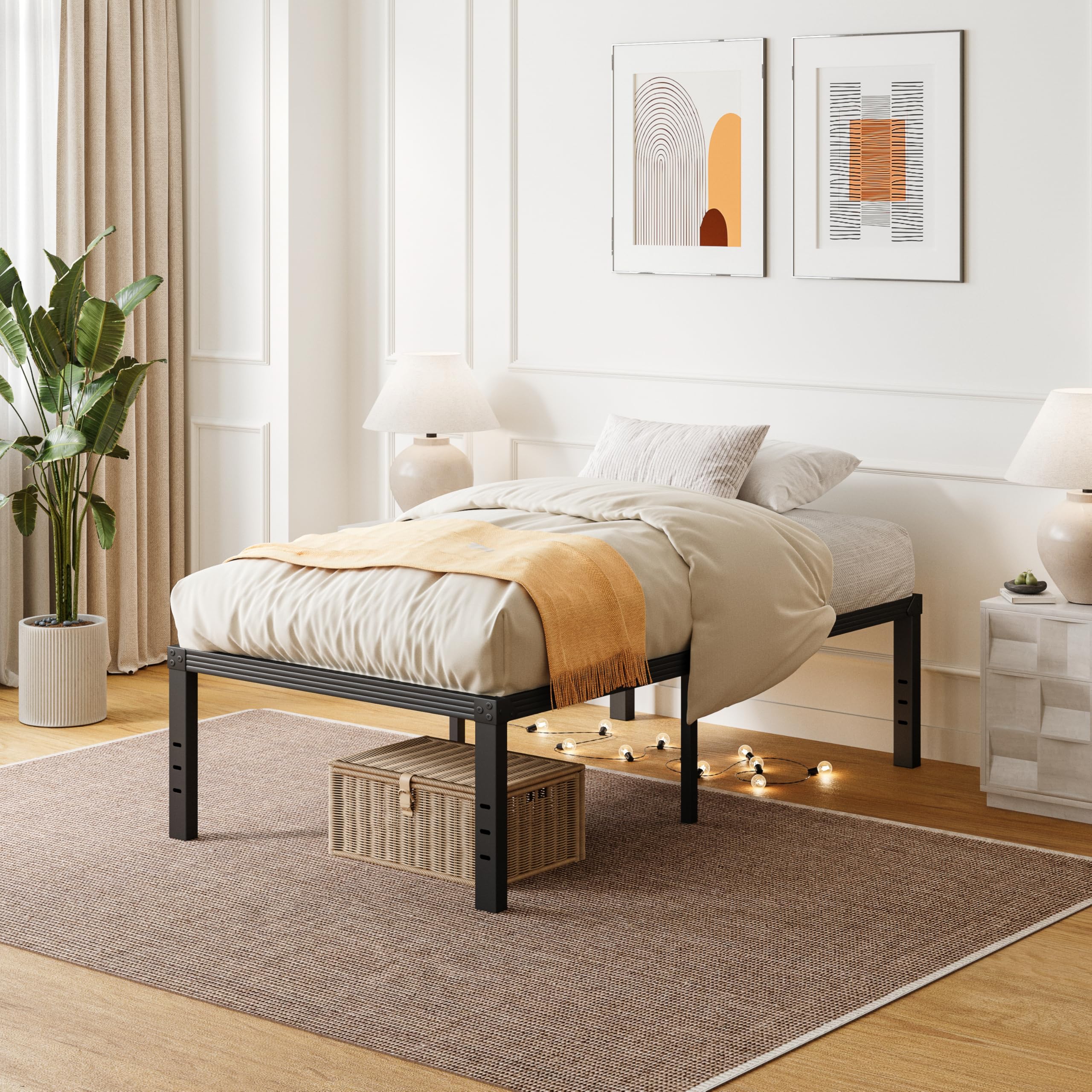 ZIYOO Twin Bed Frame with Heavy Duty Steel Slats - 16 Inch Platform Bed, No Box Spring Needed | Sturdy Non-Slip Design, Easy Assembly & Noise-Free | Under Bed Storage Space, Black | Perfect for Small Bedrooms, Guest Rooms & Dormitories