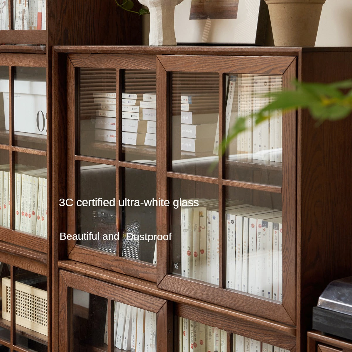 Solid Oak Wood Sliding Door Bookcase - Rustic Bookshelf for Living Room, Bedroom, or Home Office Storage