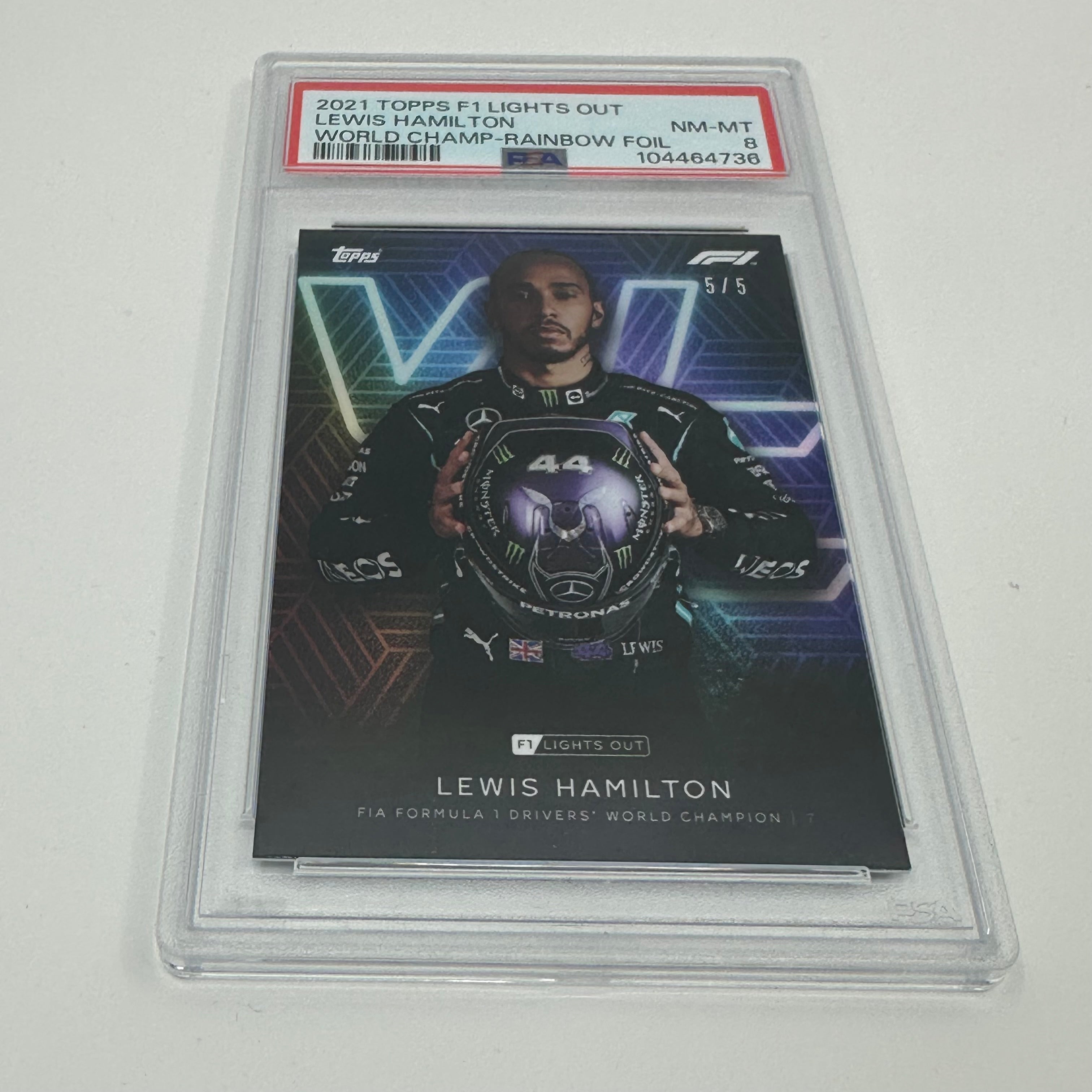 PSA 8 Graded 5/5 Lewis Hamilton Driver World Champion Rainbow Foil Trading Card - Perfect for Collectors, Fans & Sports Memorabilia Enthusiasts