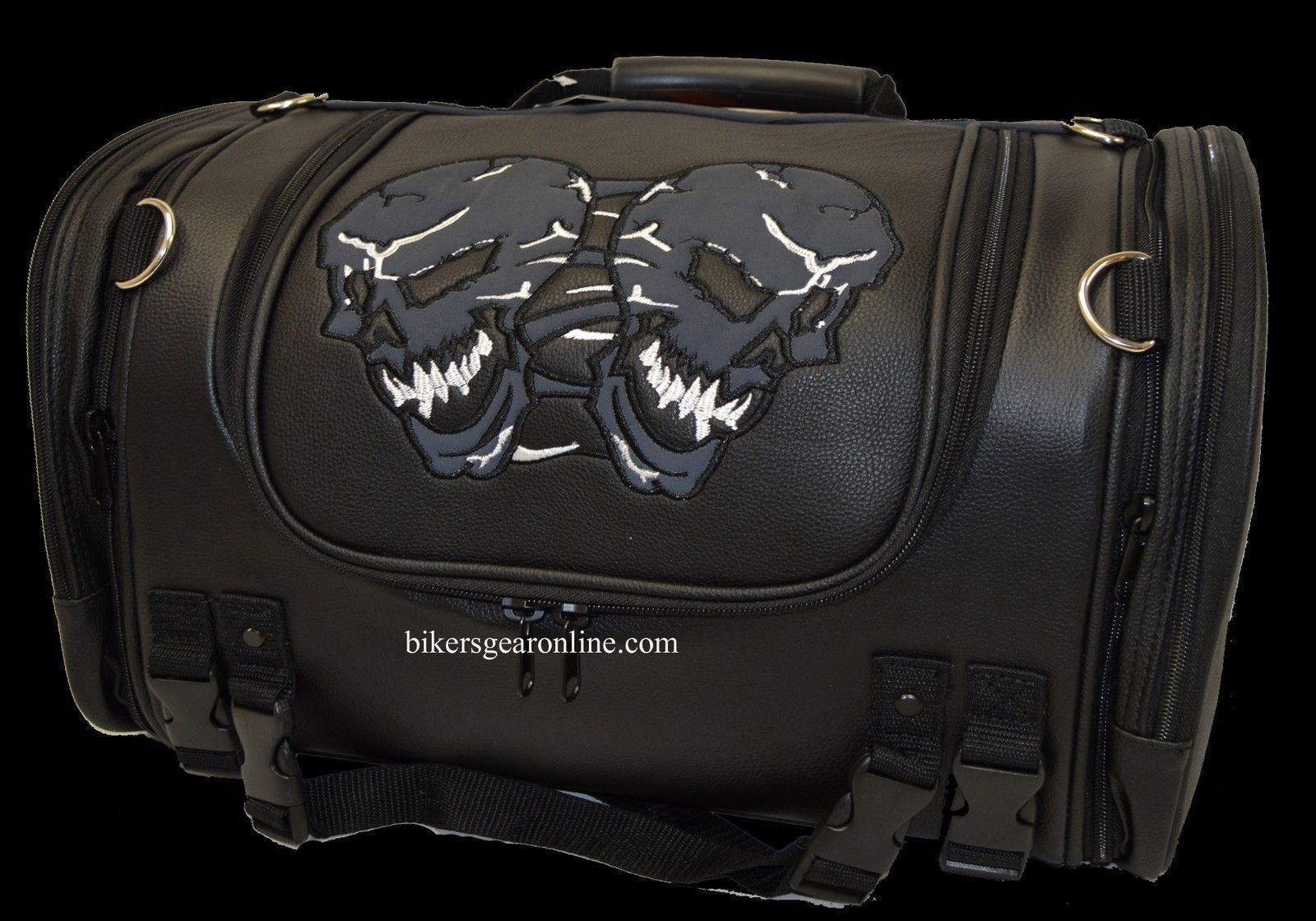 Durable PVC Skull Sissy Bar Travel Bag for Motorcycle & Motorbike - Black Luggage for Road Trips & Biker Adventures