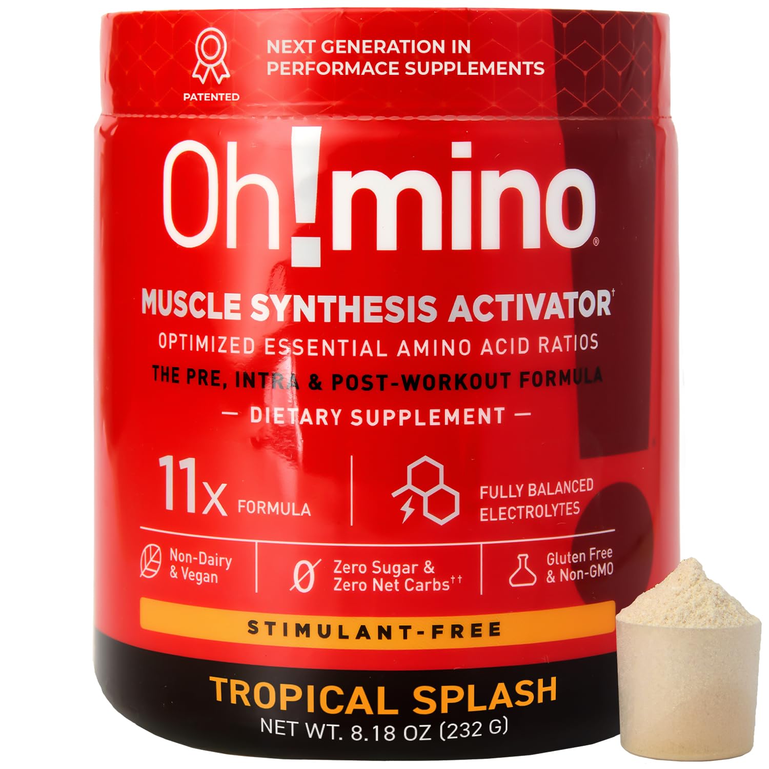 Oh!mino Amino Acids for Muscle Growth - BCAAs Powder Supplement for Pre & Post Workout, Vegan, Non-GMO, Zero Sugar & Low Carb - 40 Servings (Tropical Splash) - Ideal for Gym Training, Bodybuilding & Recovery