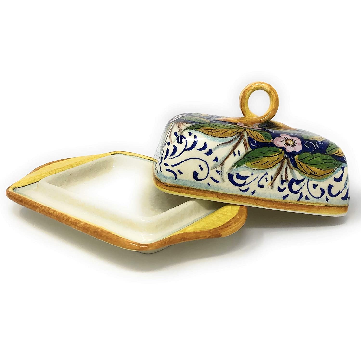 Hand-Painted Italian Ceramic Butter Dish with Three Lemons Design - Tuscan Art Pottery by CERAMICHE D'ARTE PARRINI - Made in Italy | Perfect for Kitchen Decor, Gift Giving & Rustic Table Settings