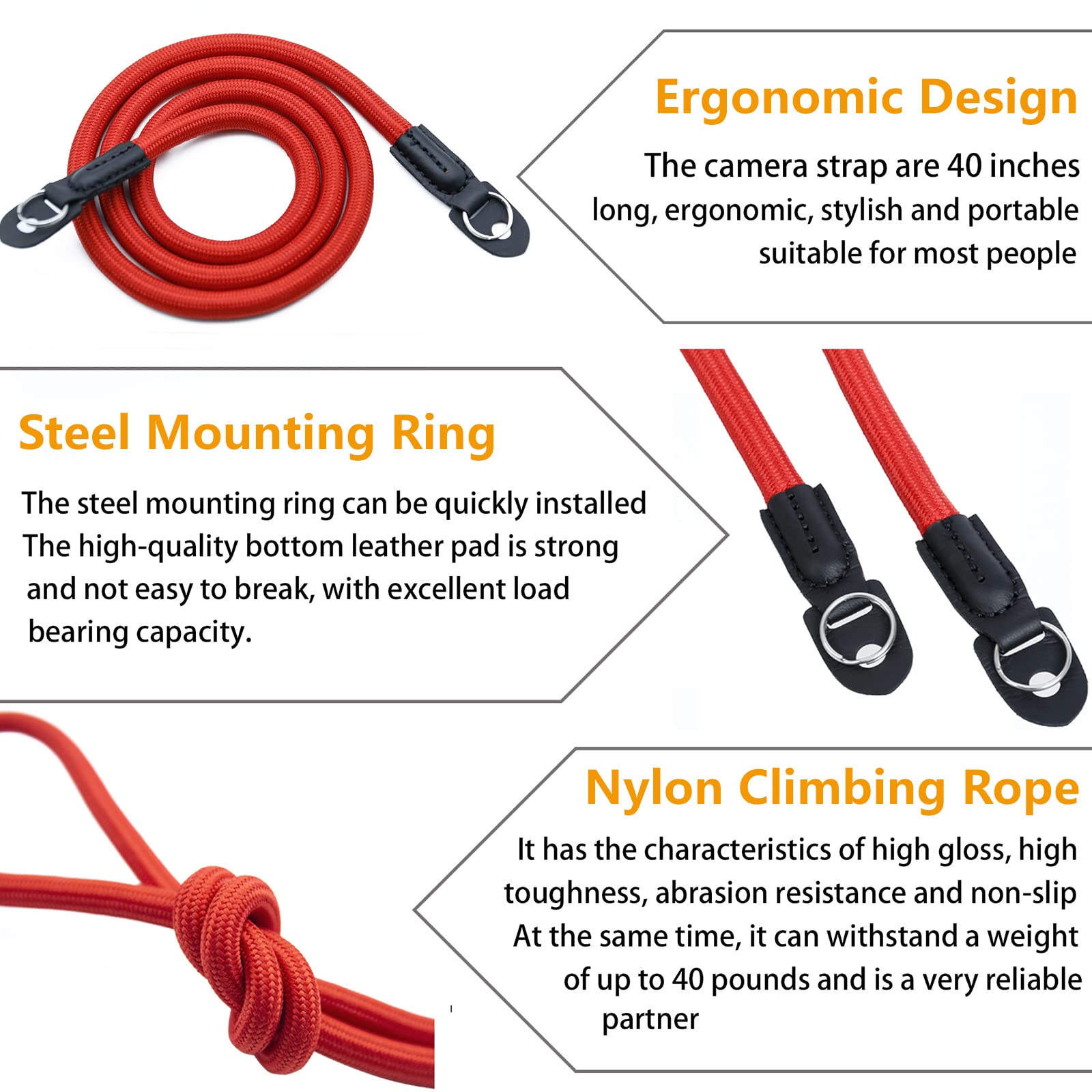 Camera Shoulder Strap - Durable Climbing Rope Neck Strap for DSLR & Mirrorless Cameras with Lens Cap Keeper (Red) - Perfect for Travel, Hiking & Outdoor Photography