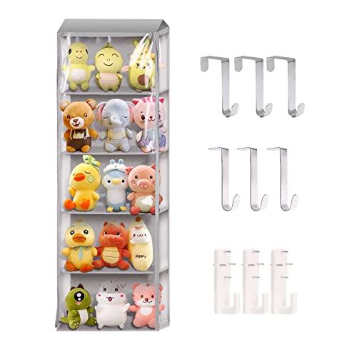 Hanging Over The Door Stuffed Animal Organizer with 5 Clear Dust-Proof Pockets - Kids Toy Storage for Bedroom, Nursery & Playroom - Light Gray Stuffed Animal Display Holder