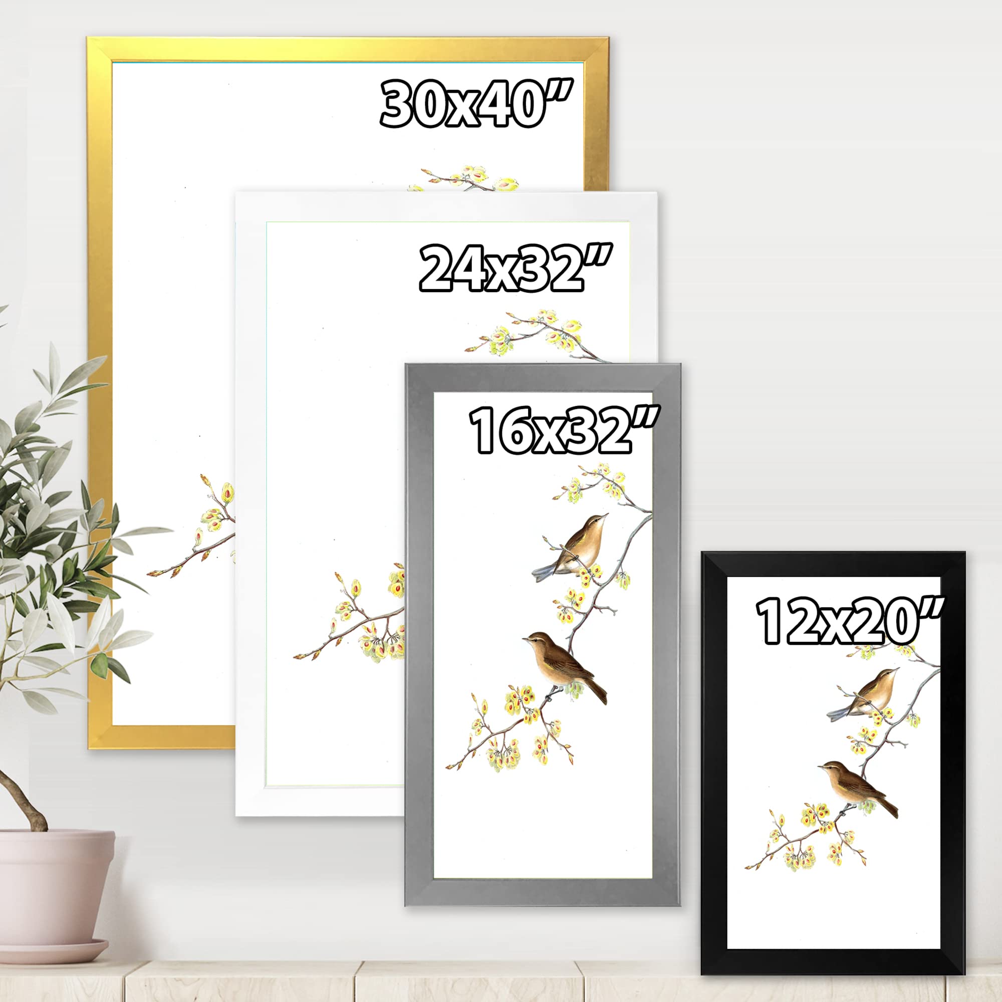 DesignQ Little Birds on Tree Branches II - Traditional Framed Wall Art Painting for Living Room, Bedroom & Office Decor