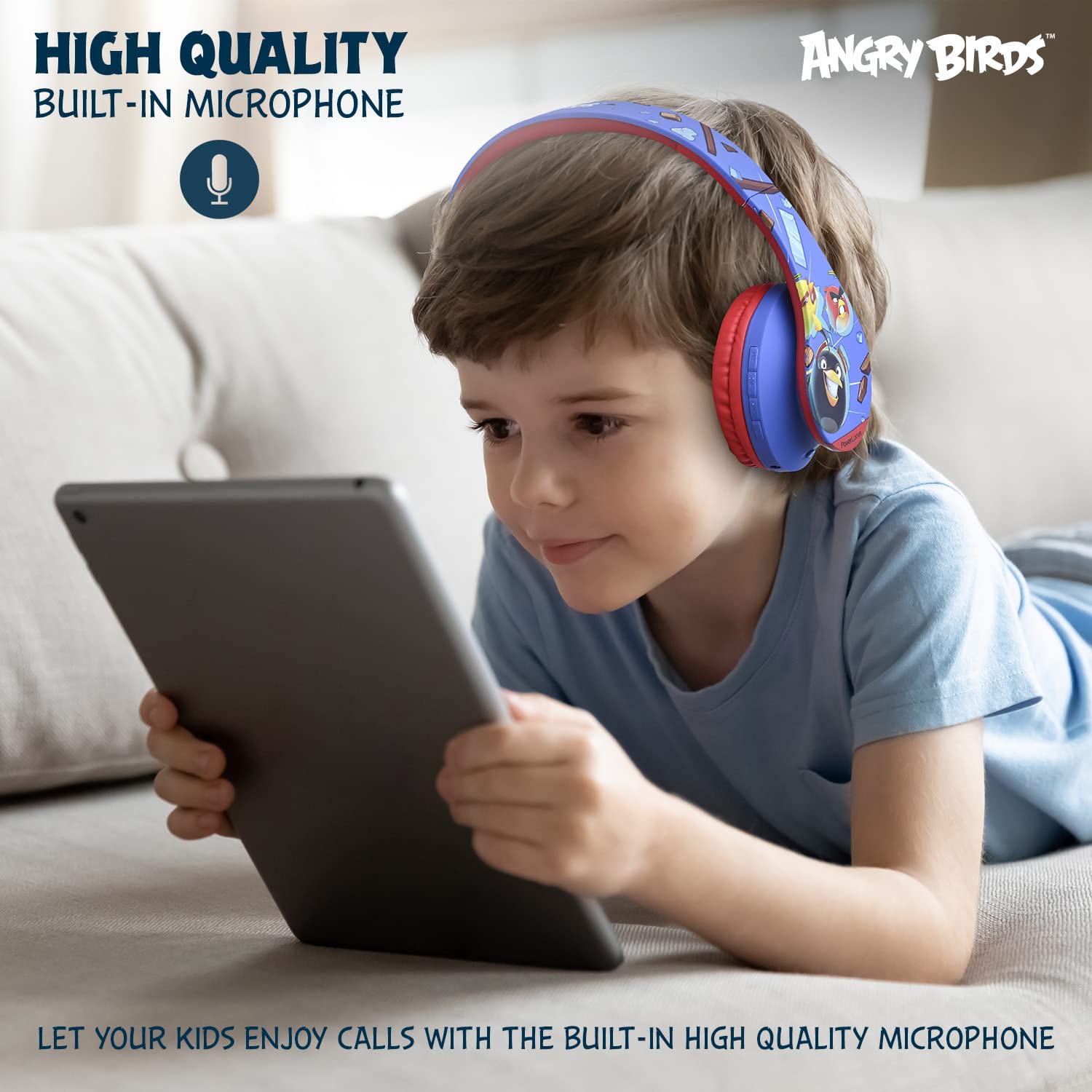PowerLocus Angry Birds Wireless Kids Headphones - 85dB Volume Limited, Foldable Bluetooth Headphones with Case, Wired & Micro SD Mode, Built-in Mic for Phone/iPad/School - Perfect for Online Classes, Travel & Home Learning