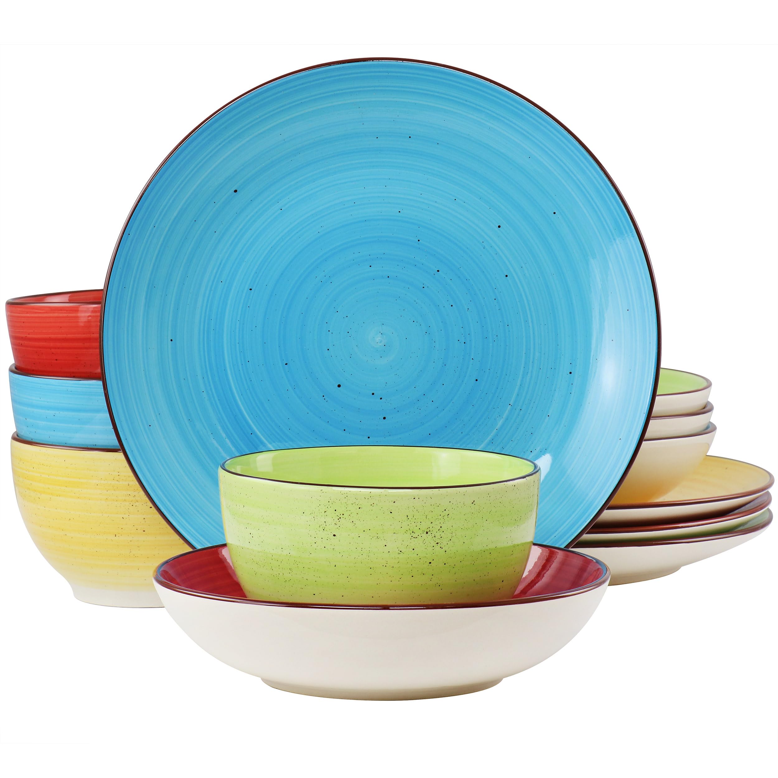 Elama 12-Piece Stoneware Dinnerware Set - Double Bowl Plates, Bowls & Mugs - Durable Mason Style for Everyday Dining, Family Meals & Entertaining