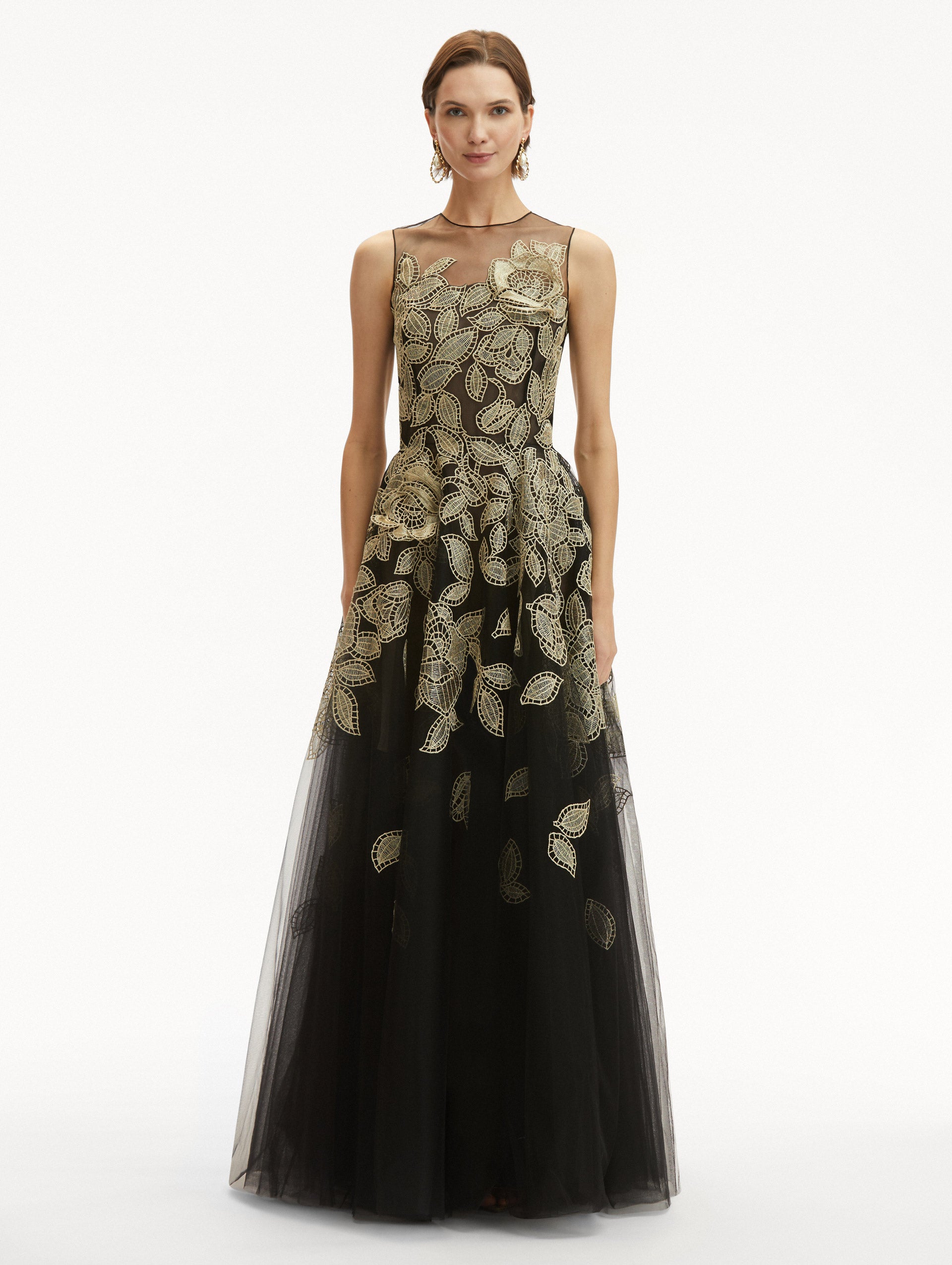 Elegant Gold Foil Rose Appliqué Evening Gown - Perfect for Prom, Wedding, and Formal Events