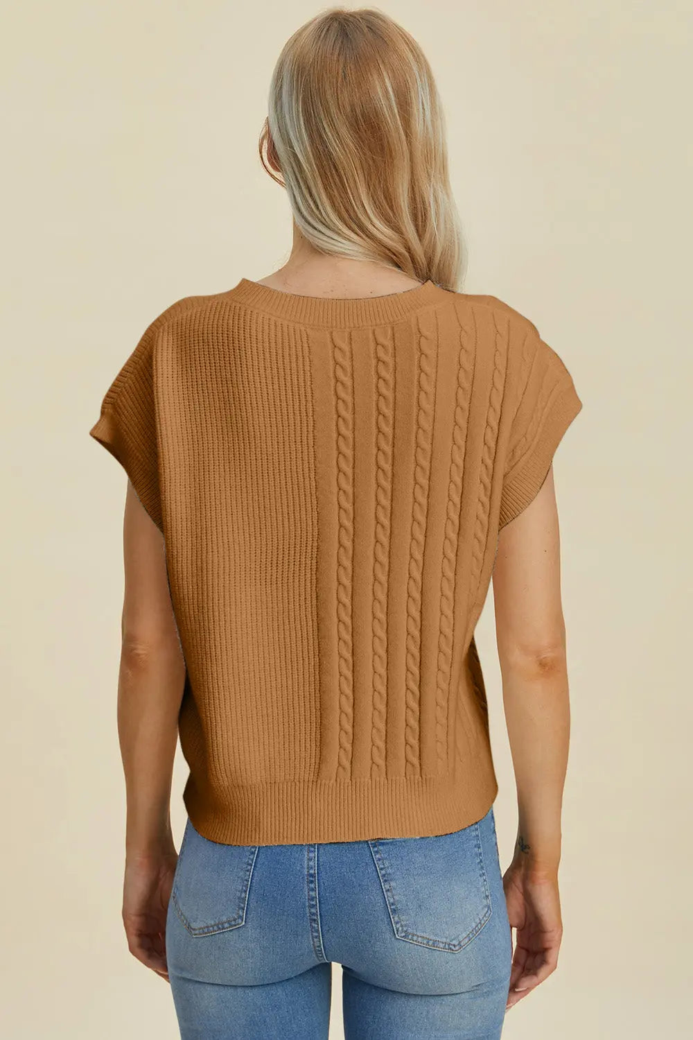 Double Take Full Size Cable Knit Round Neck Short Sleeve Sweater for Women - Cozy Casual Pullover Top for Fall & Winter - Perfect for Office, Date Night and Weekend Outings
