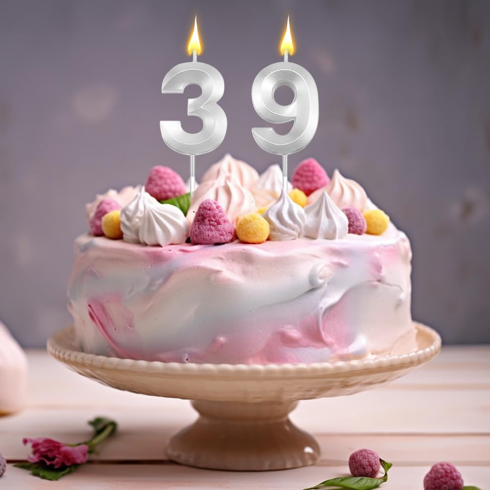 39 Number Candles for Birthday Cake - Silver Decorations for Party Wedding