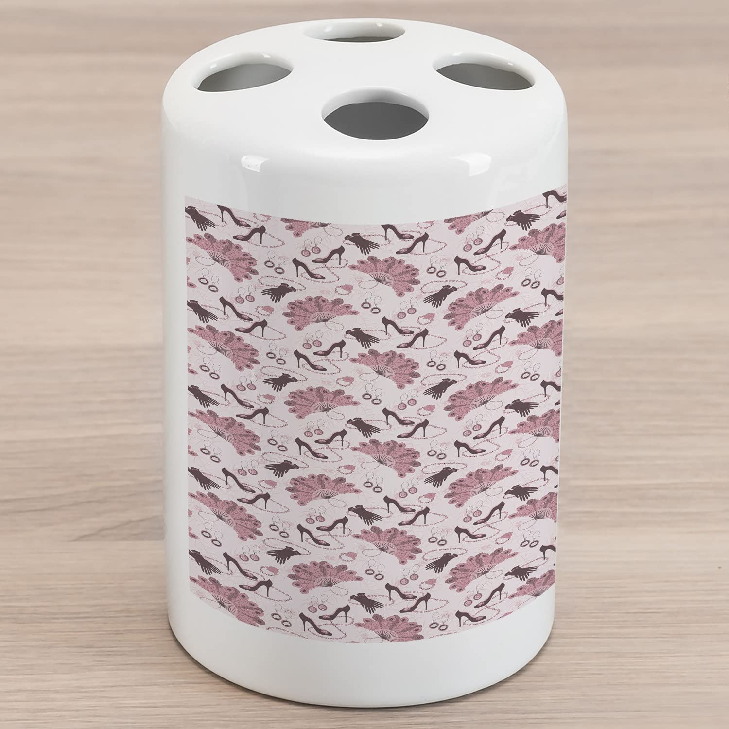 Vintage Ceramic Toothbrush Holder for Bathroom - Women's Fashion Theme with Gloves, Shoes & Peacock Feather Earrings Design - Decorative Countertop Organizer 4.5