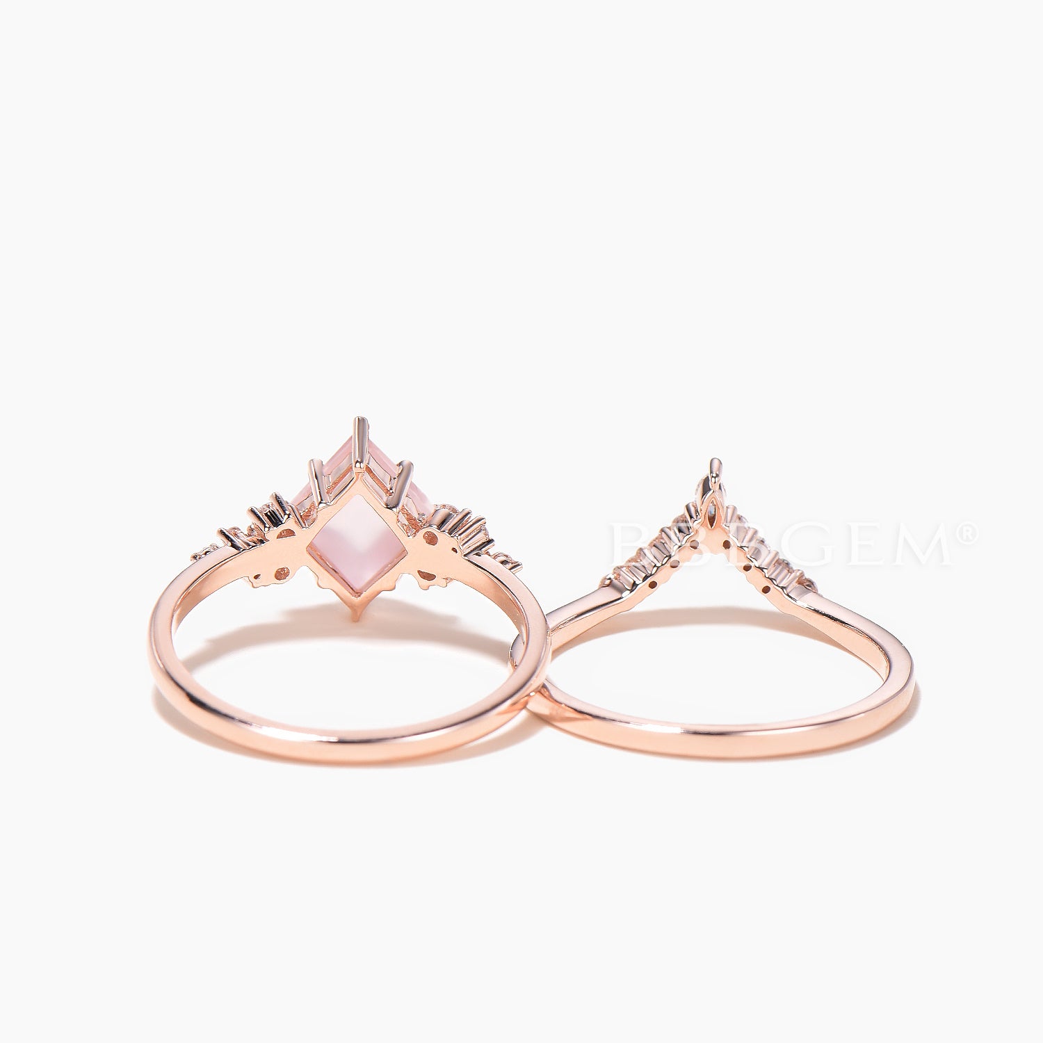Natural Rose Quartz Engagement Ring & Wedding Band Set - Rhomboid Kite Cut Diamond Bridal Jewelry for Proposals, Anniversaries & Special Occasions