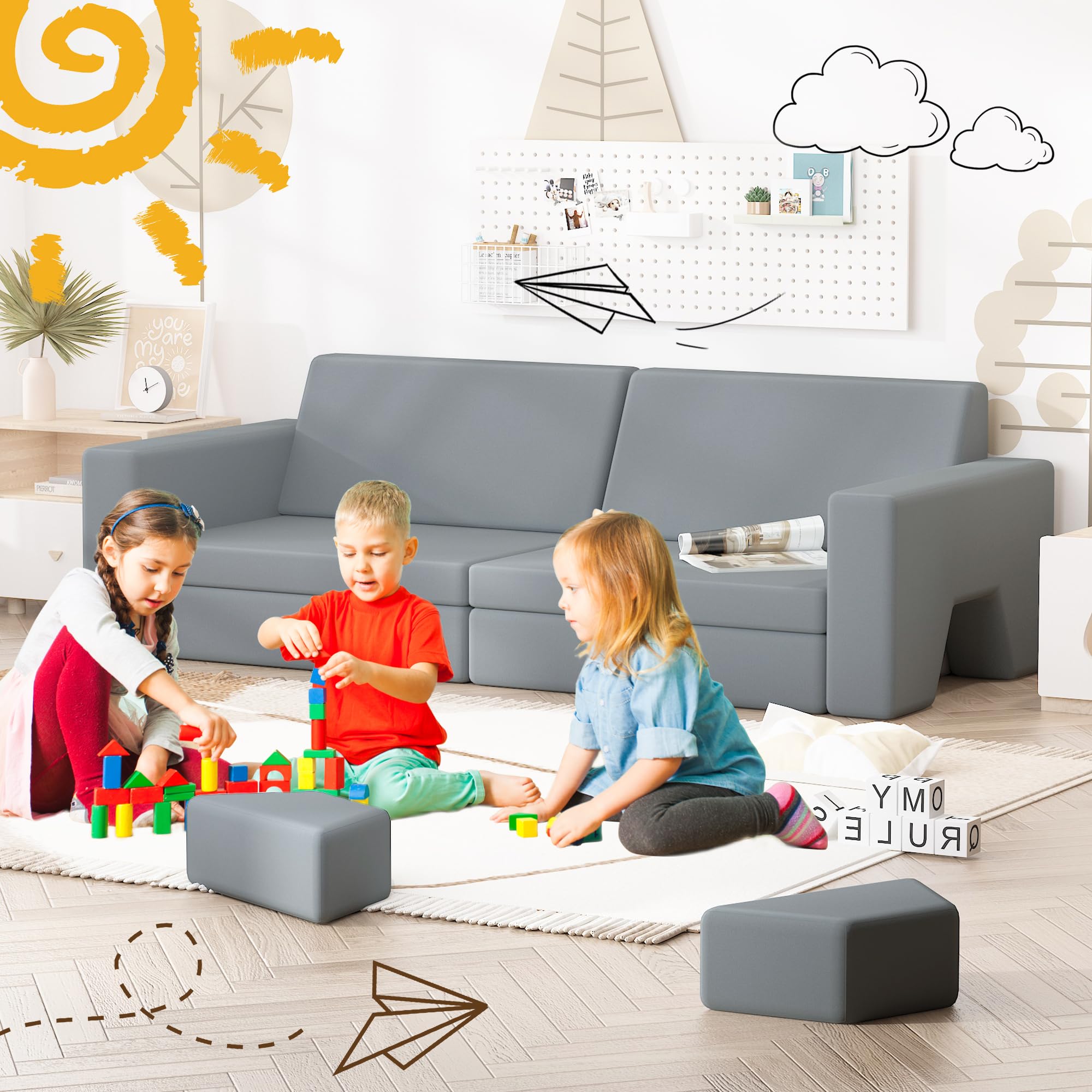 10-Piece Modular Kids Play Couch - Soft Foam Toddler Sofa for Building Forts & Playroom Fun | Durable, Washable & Safe for Babies & Children | Perfect for Indoor Play, Learning & Creative Activities