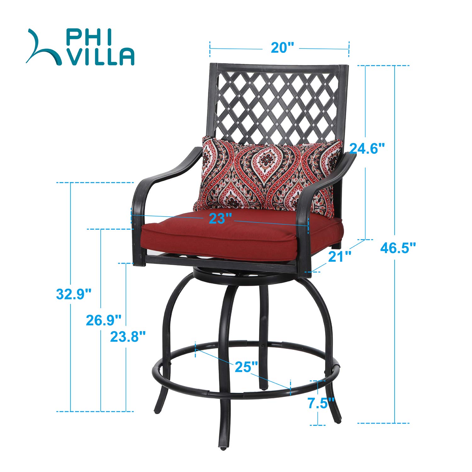 PHI VILLA 4-Piece Outdoor Swivel Bar Stool Set - All-Weather Metal Bar Height Patio Chairs with Cushions & Armrests - Red Garden Furniture for Backyard, Poolside & Bistro Dining