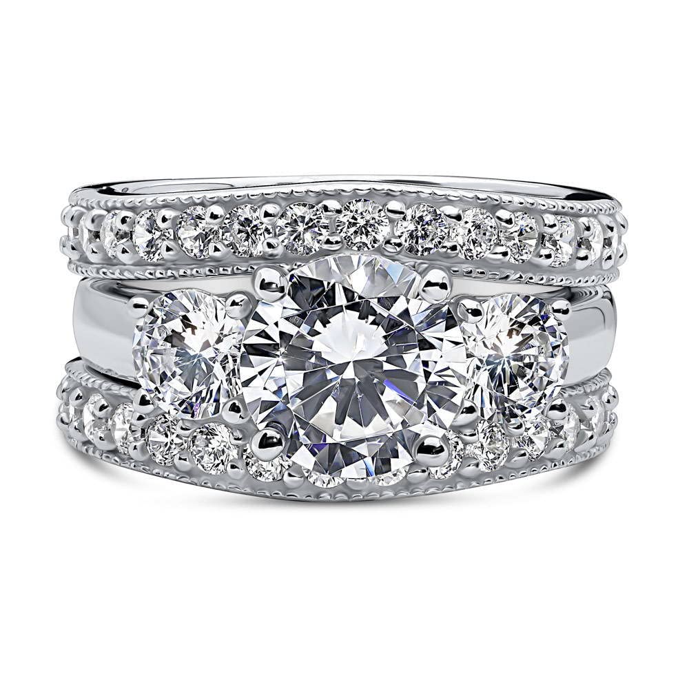 BERRICLE Sterling Silver 3-Stone Wedding & Engagement Ring Set - 2.4 Carat Round Cut Cubic Zirconia CZ for Women - Rhodium Plated Size 4-10 - Perfect for Proposals, Anniversaries & Special Occasions
