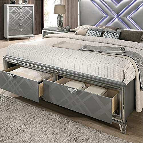 FOA Anaiya 3-Piece Solid Wood Bedroom Set - Queen Bed & 2 Nightstands in Silver Finish | Modern Bedroom Furniture for Home Decor | Perfect for Master Bedrooms & Guest Rooms