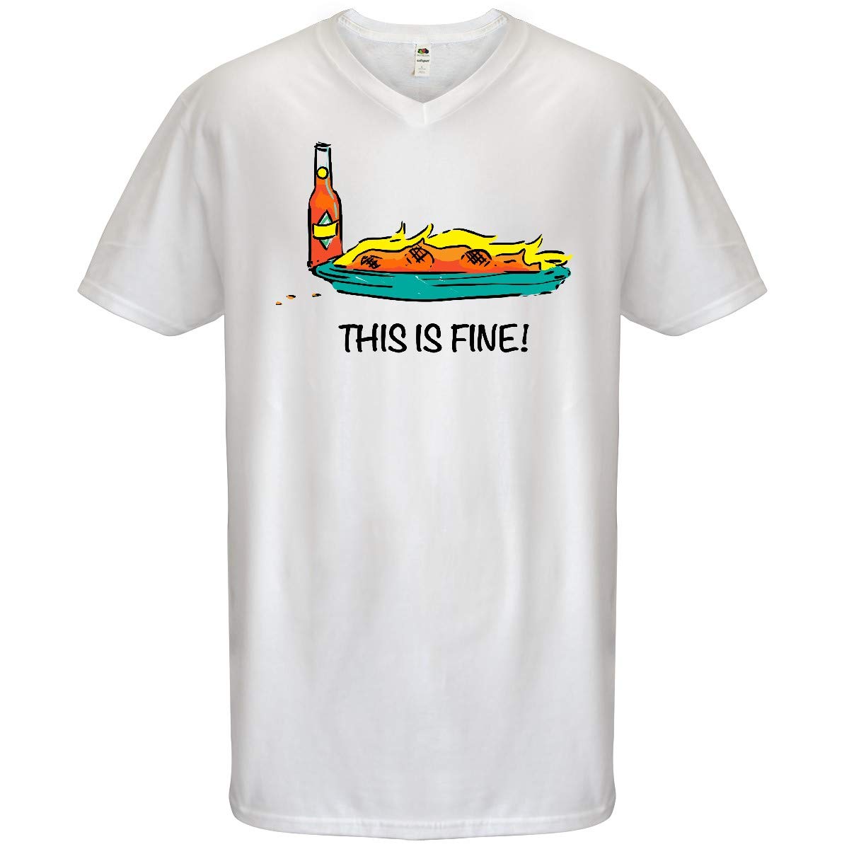 Inktastic 'This is Fine' Burning Hot Sauce Men's V-Neck T-Shirt | Funny Spicy Food Lover Graphic Tee | Casual Wear & Gift for Hot Sauce Enthusiasts