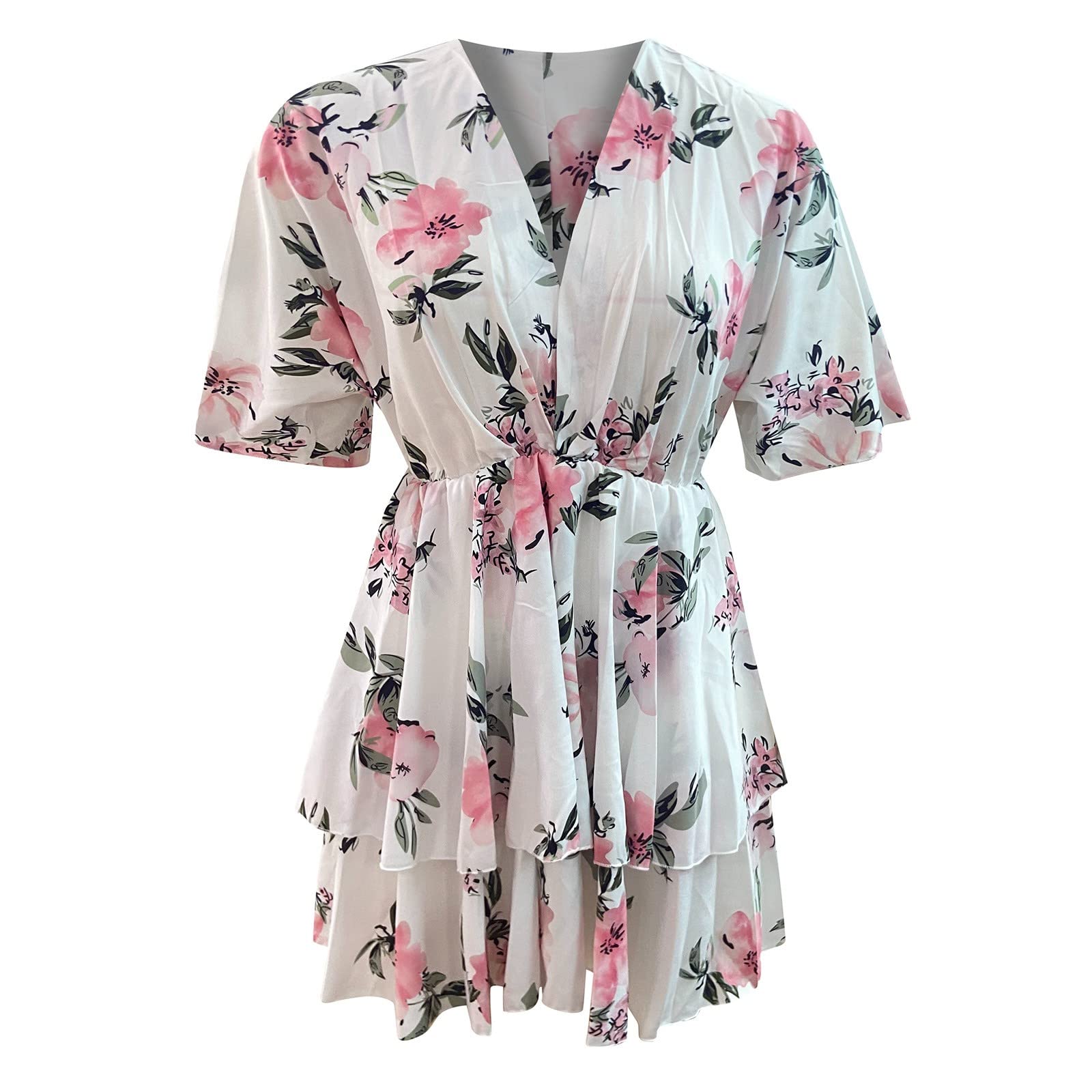 Women's Floral Print Mini Dress with V-Neck & Cinched Waist - Plus Size Short Sleeve Summer Dress for Casual Outings, Beach Vacations & Date Nights