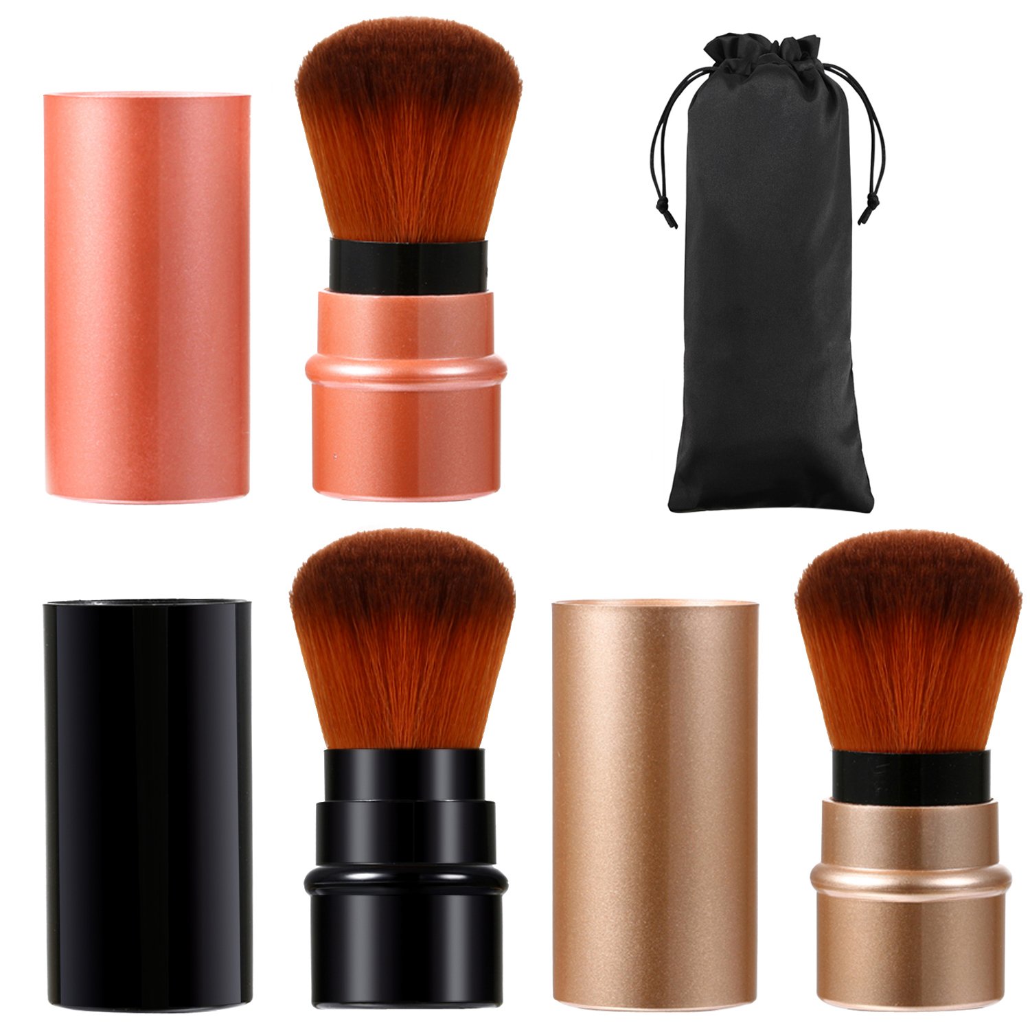 3-Color Retractable Makeup Brush Set - Travel Kabuki & Blush Brushes for Foundation & Powder (Red/Black/Brown) - Perfect for On-the-Go Touchups