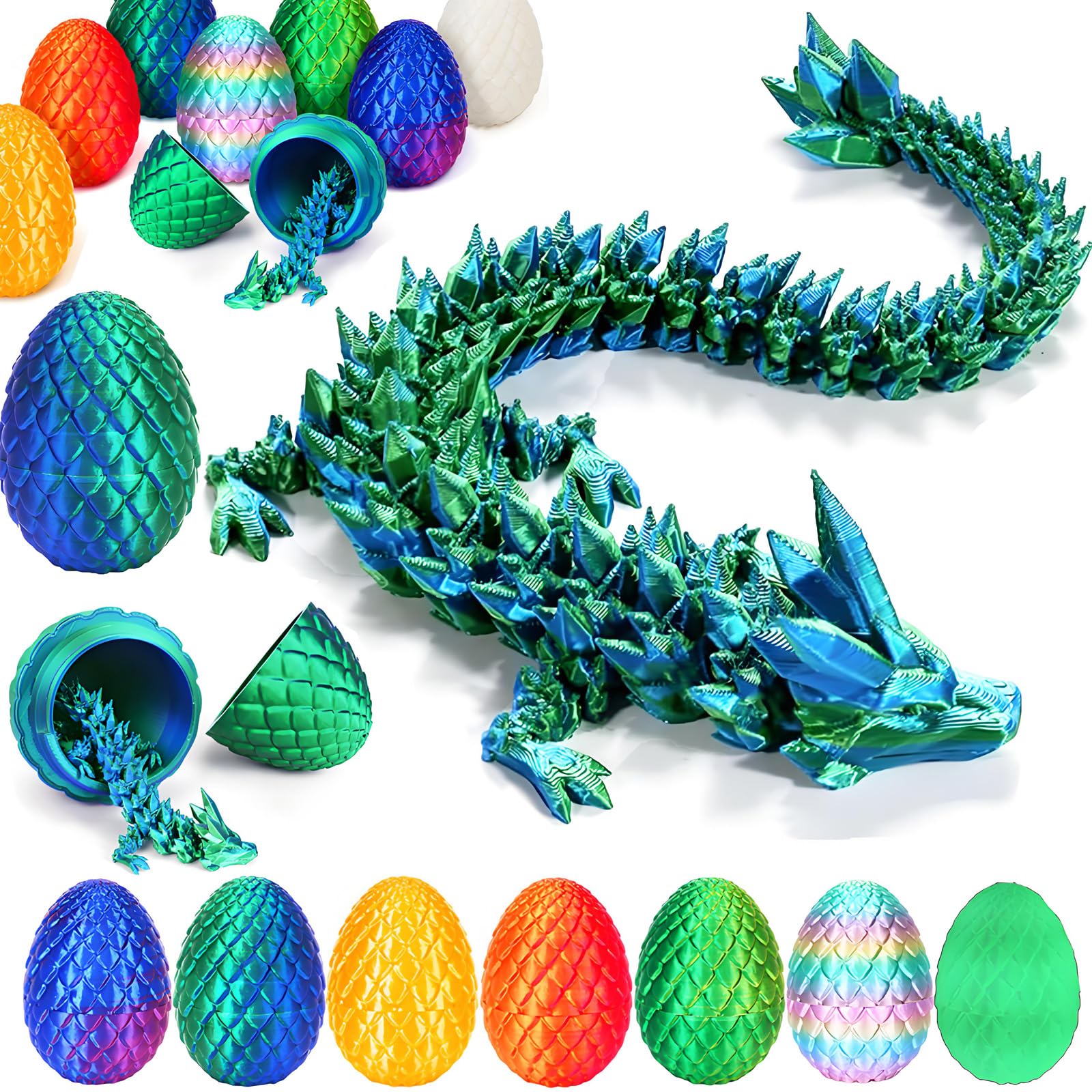 3D Printed Dragon Egg Fidget Toy - Mysterious Crystal Dragon Egg with Articulated Dragon Inside - Laser Green - Perfect for Stress Relief, Easter Gifts & Fantasy Collectibles