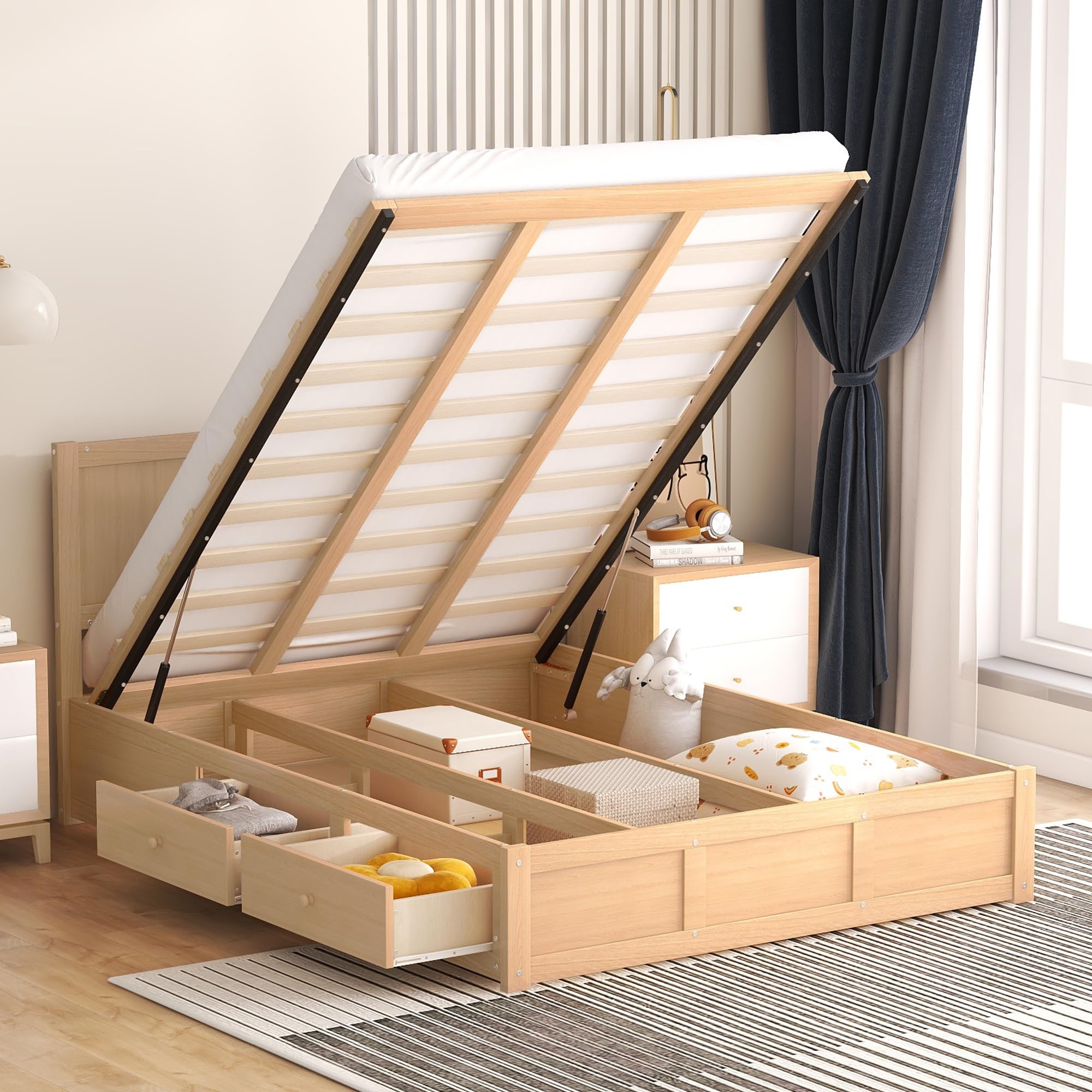 Harper & Bright Designs Full Size Storage Bed Frame with Lift-Up Platform, 2 Drawers & Headboard - Solid Wood Construction, No Box Spring Needed, Easy Assembly (Natural Finish) - Perfect for Small Bedrooms, Guest Rooms & Space-Saving Solutions