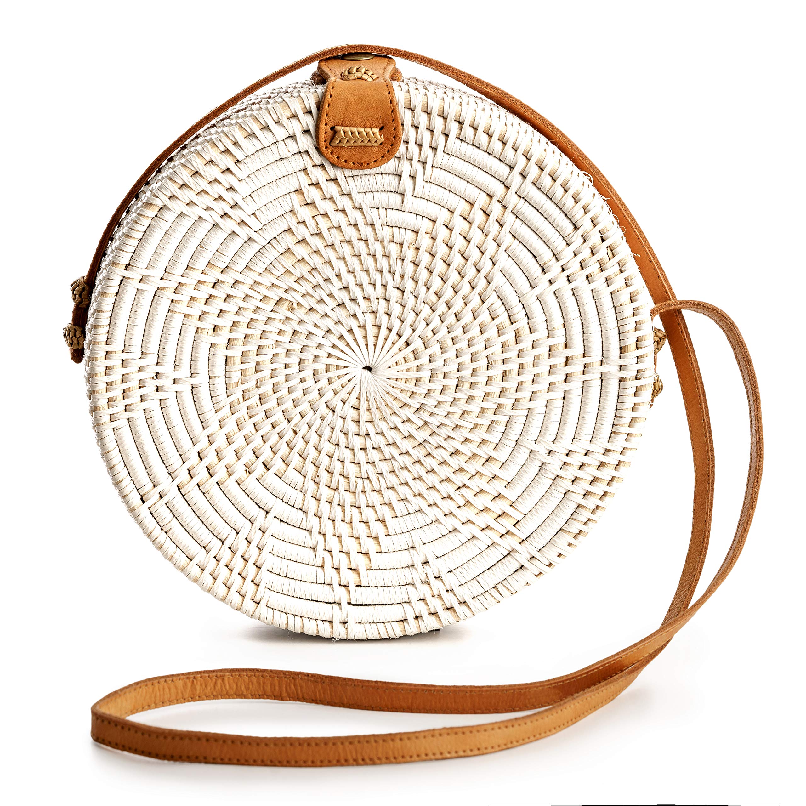 Novum Crafts Round Rattan Handbag for Women - Handwoven Straw Crossbody Purse - Boho Circle Wicker Bag in Brown & White | Perfect for Beach, Vacation & Summer Outfits