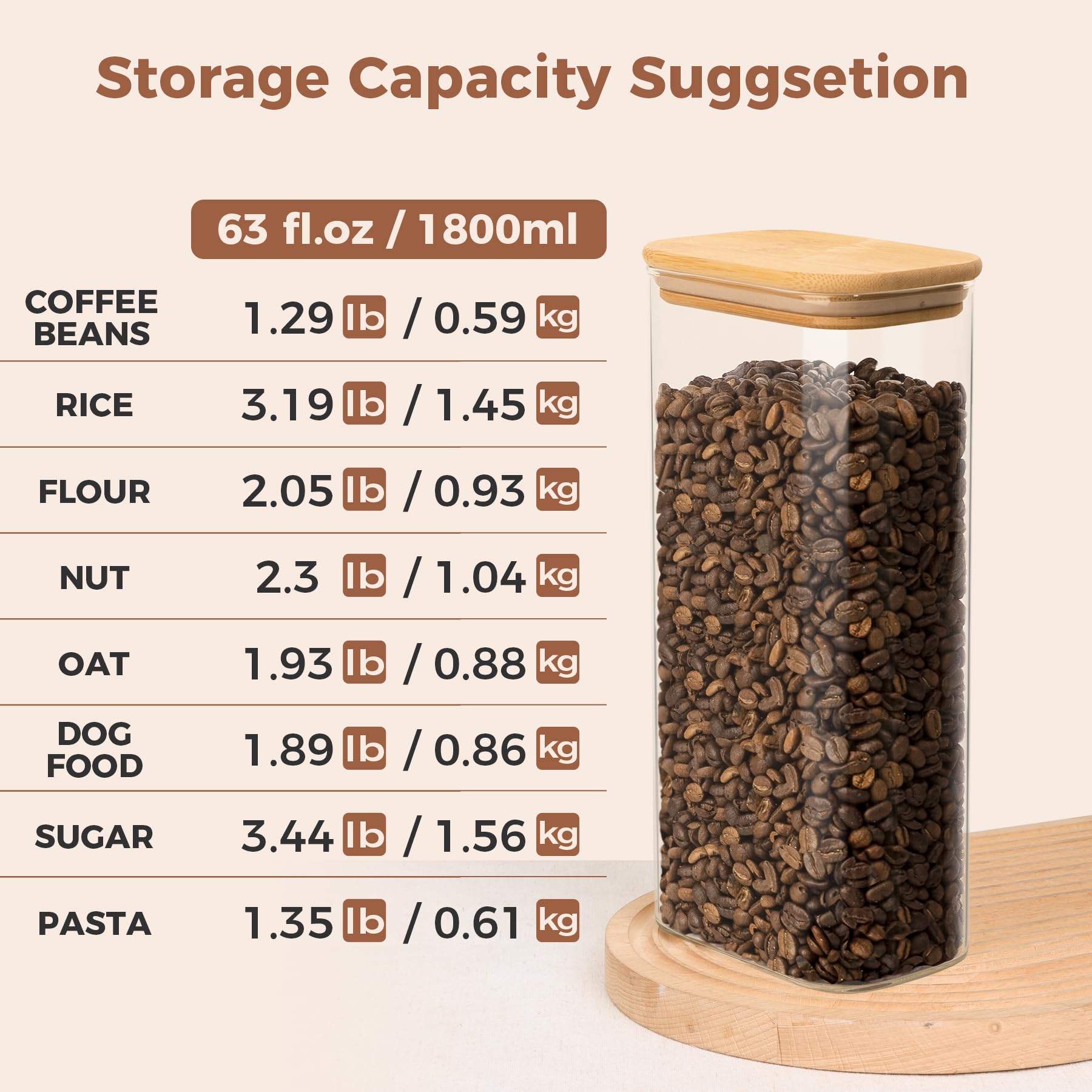 ComSaf 63oz Rectangle Glass Food Storage Containers with Bamboo Lids - Set of 3 Airtight Pantry Organizers for Flour, Pasta, Coffee Beans - Perfect for Kitchen, Baking & Meal Prep Organization
