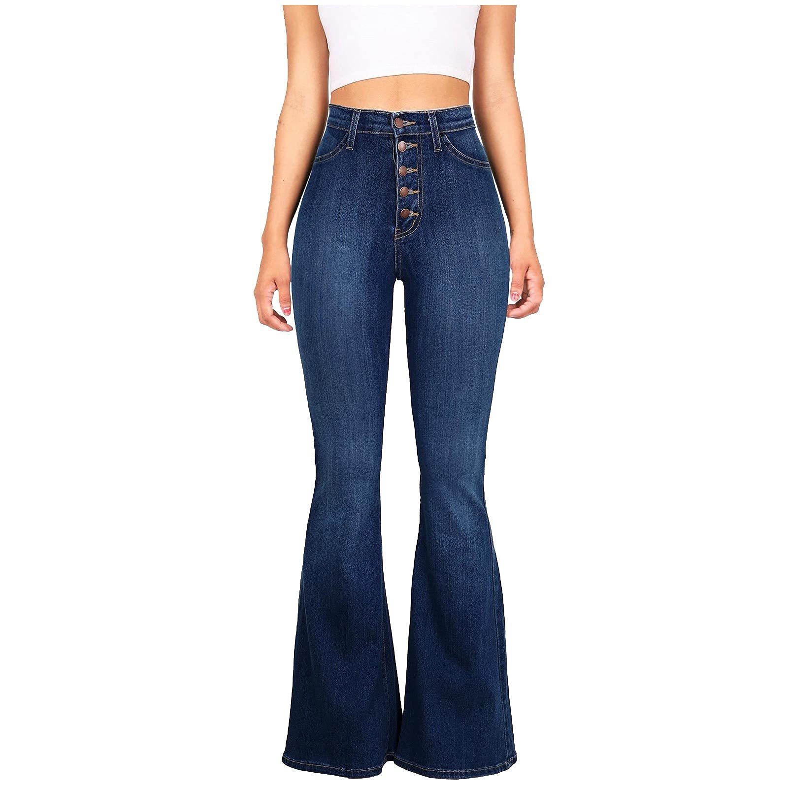 Women's High Waist Flare Wide Leg Denim Jeans - 5 Button Stretch Work Pants for Comfort & Style | Perfect for Office, Casual Wear & Everyday Outfits