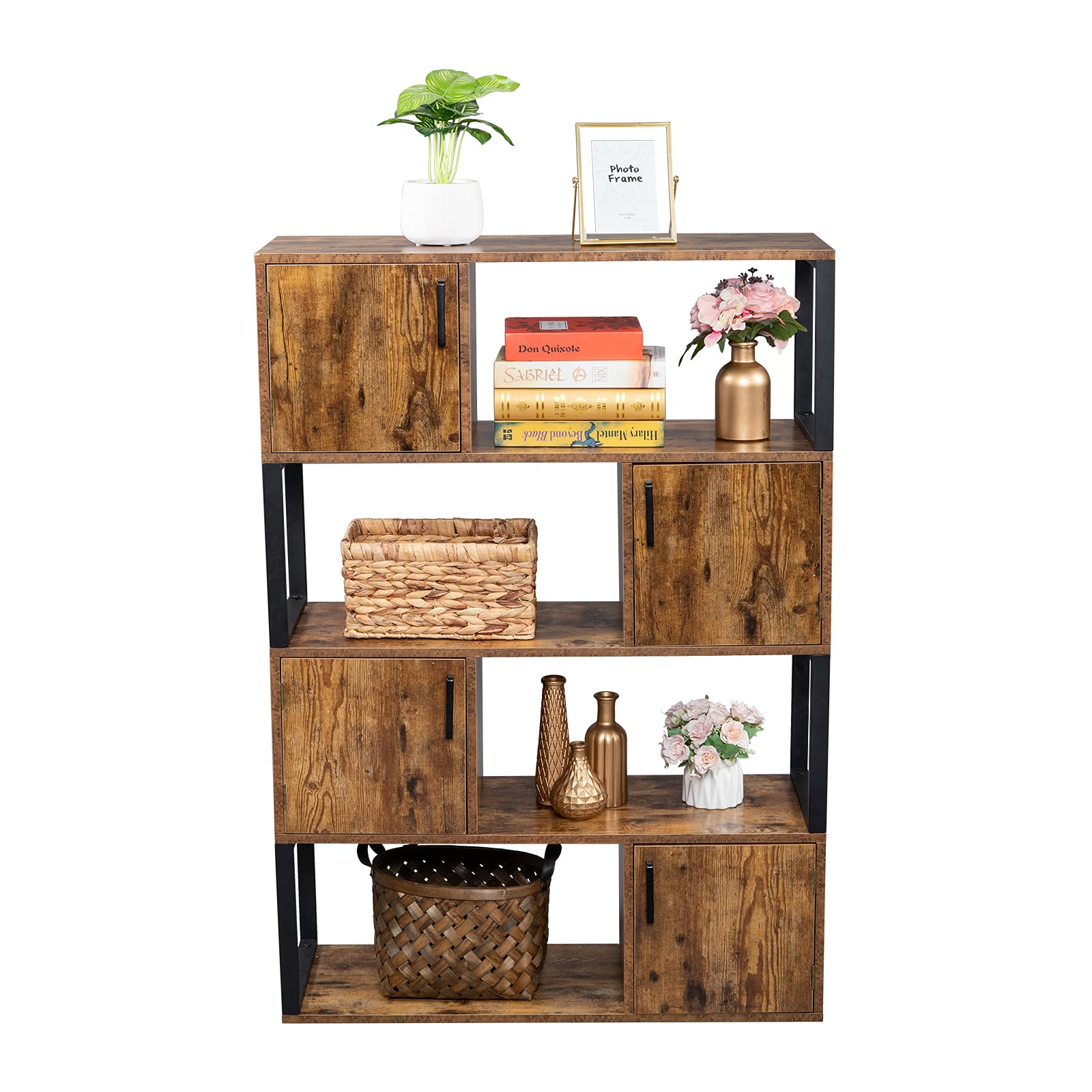 Industrial Style 4-Tier Bookcase with Storage Cabinets - Rustic Brown Bookshelf for Living Room, Office & Home Organization - Perfect for Storing Books, Decor & Essentials