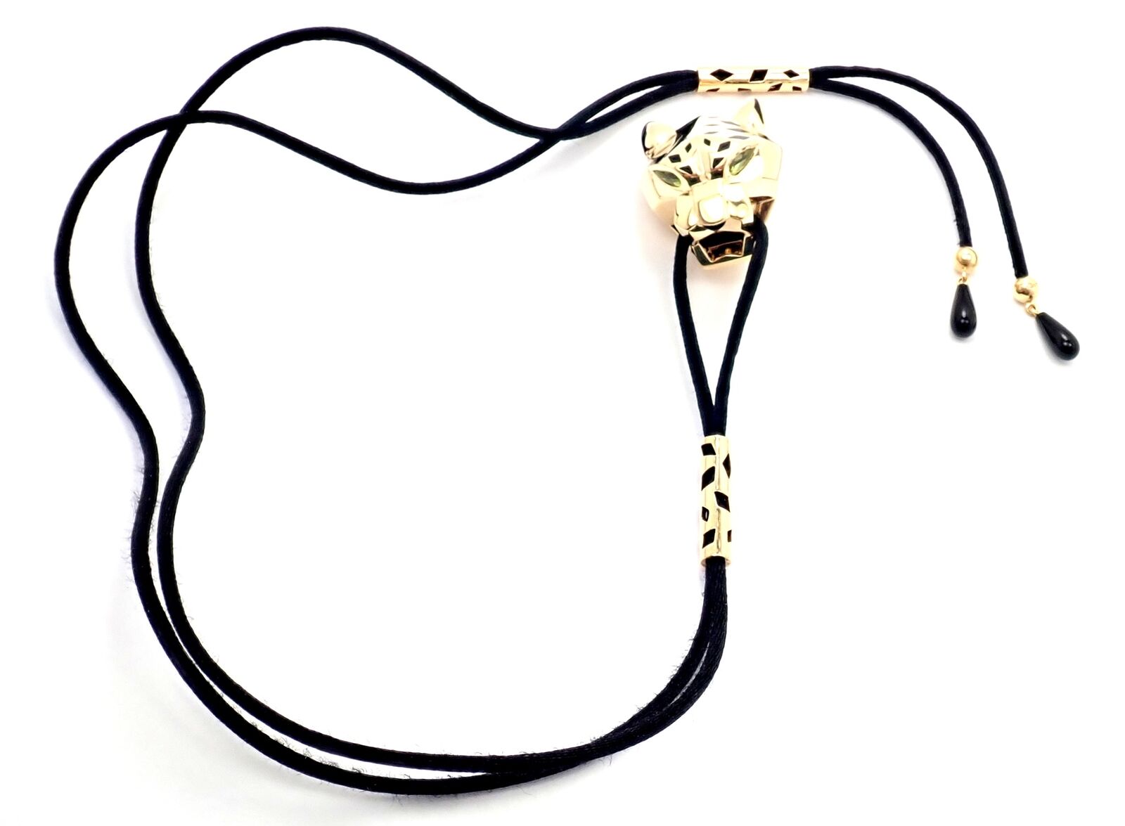 Authentic Cartier Panther Panthere 18k Yellow Gold Peridot Lacquer Cord Necklace for Women - Luxury Jewelry Gift for Birthday, Anniversary & Special Occasions