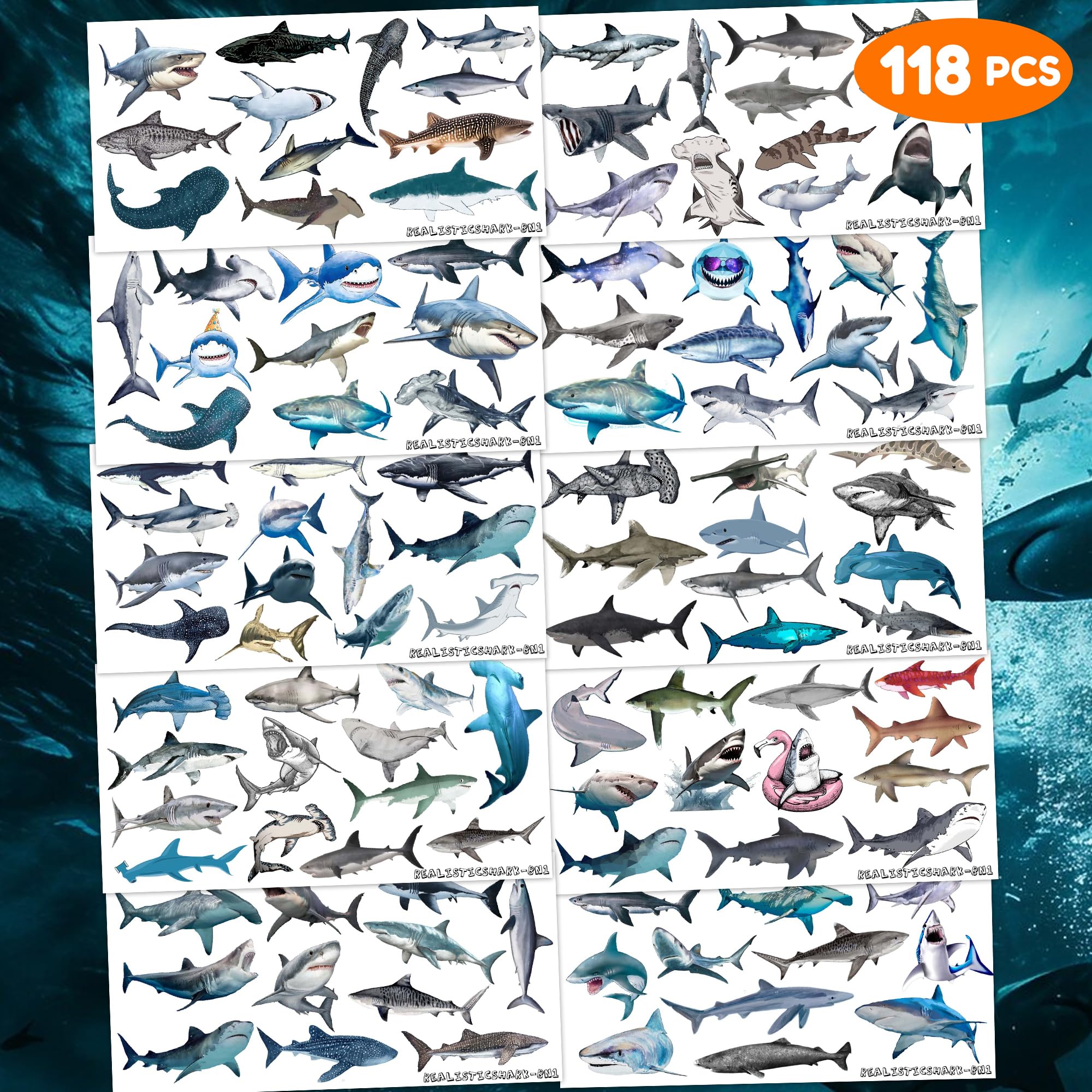 Shark Temporary Tattoos 118pcs - Kids & Adults for Parties, Rewards & Decor