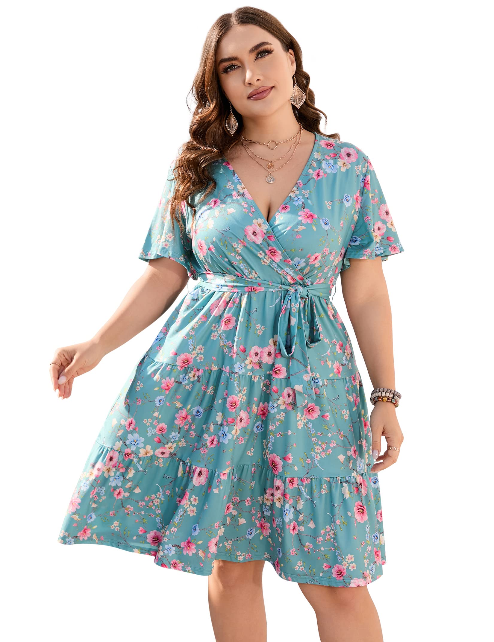 KOJOOIN Women's Plus Size V-Neck Wrap Dress - High Waisted Short Sleeve Summer Casual Midi Dress with Belt | Perfect for Beach Vacations, Date Nights & Office Wear