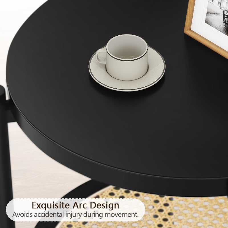 KithKasa Black Small Side Table Set of 2 - Mid Century Modern End Tables with Rattan Storage | 2-Tier Round Side Tables for Living Room, Bedroom, Cafe & Small Spaces | Perfect for Coffee, Books & Home Decor