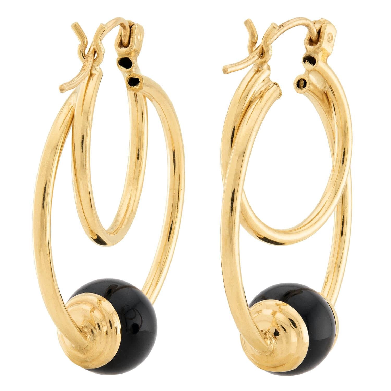 14K Gold Onyx Double Hoop Earrings for Women - Elegant Dangle Drop Earrings for Party, Wedding & Everyday Wear