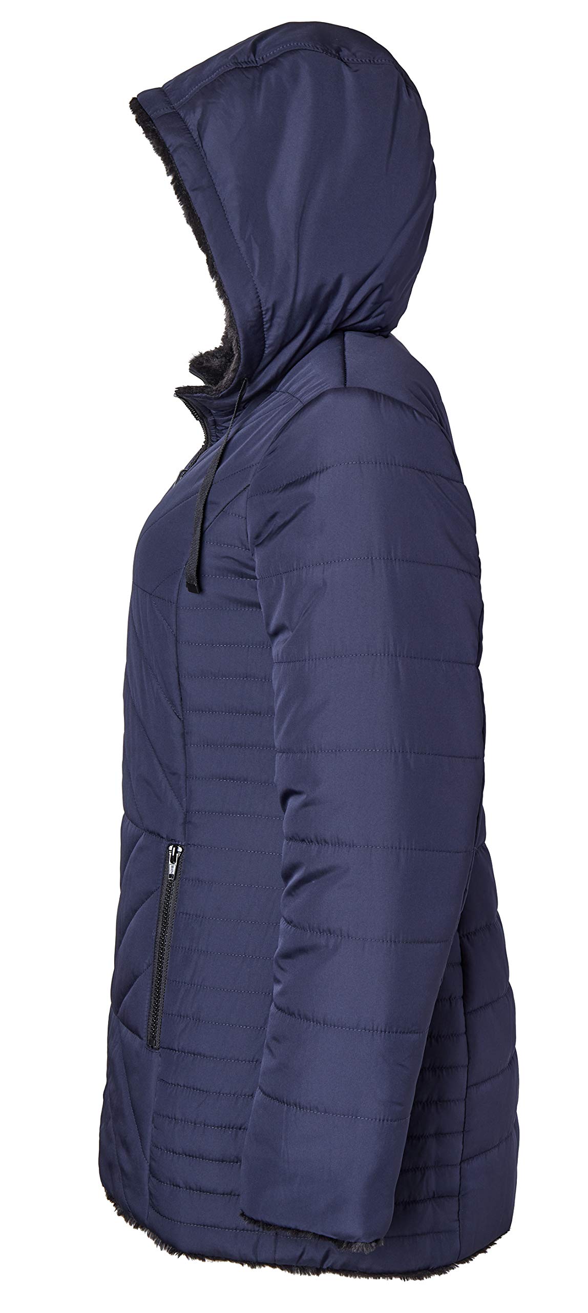 Women's Reversible Hooded Puffer Jacket - Black Chevron Faux Fur Winter Coat for Cold Weather | Warm Outerwear for Snow, Skiing & Everyday Winter Fashion