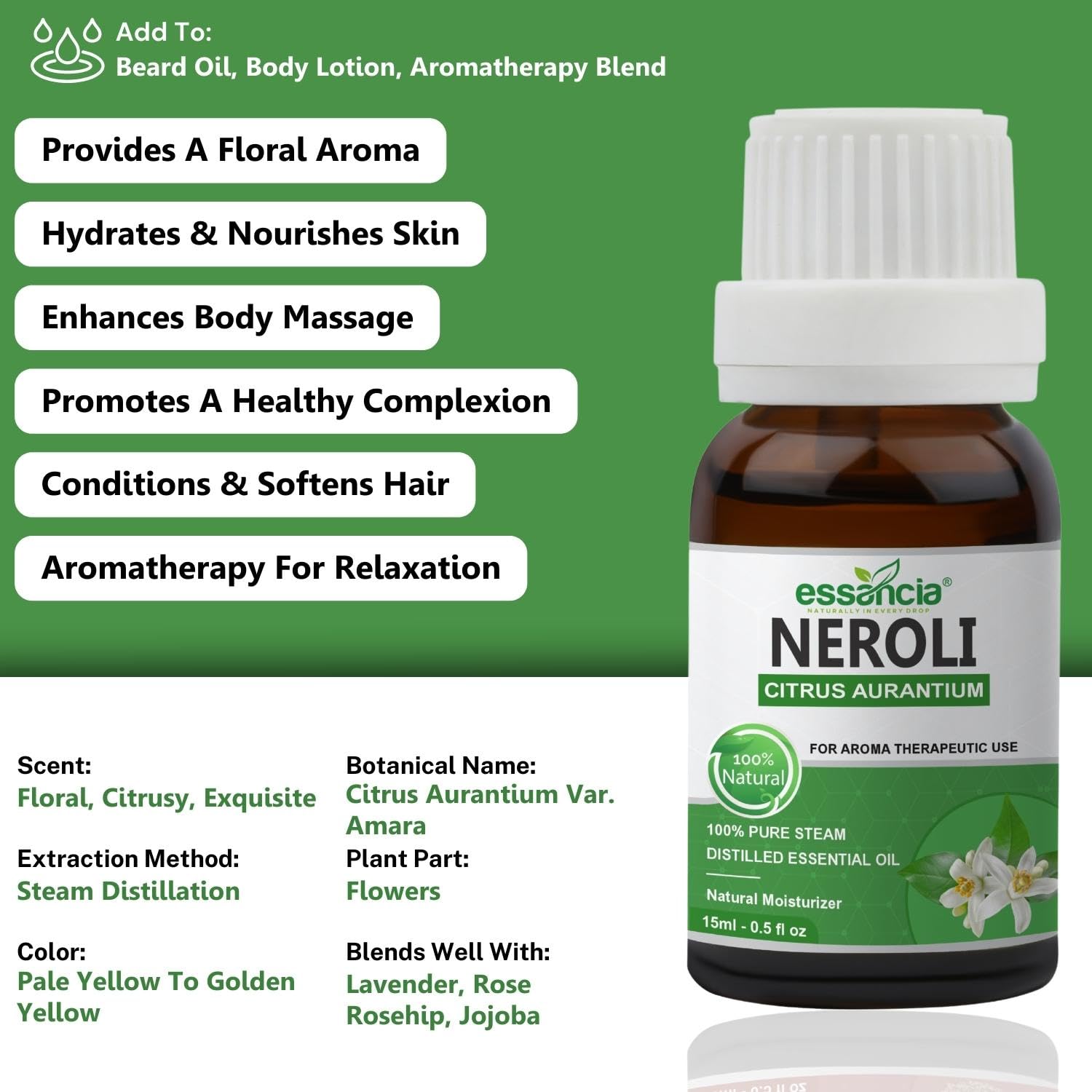 Pure Neroli Essential Oil 100% Natural Undiluted for Relaxation & Skin Care - Therapeutic Grade Aromatherapy Oil (15ml) - Perfect for Massage, Diffuser & DIY Beauty Products