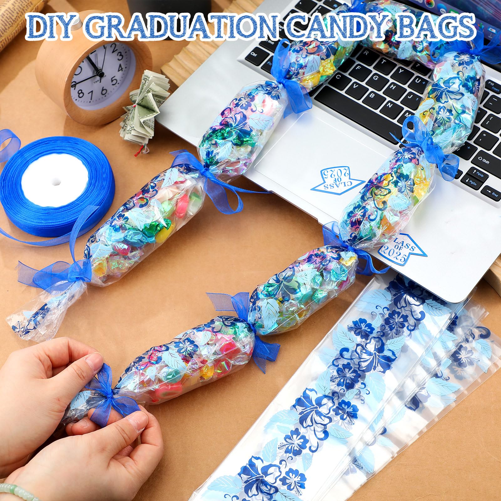 Junkin 24 Set Candy Lei Making Kit for Graduation - Class of 2025 Hawaiian Party Decorations with Long Ribbons, Dessert Filler & Graduate Gifts (Blue) | Perfect for Graduation Parties, Hawaiian Themed Events & DIY Gift Giving