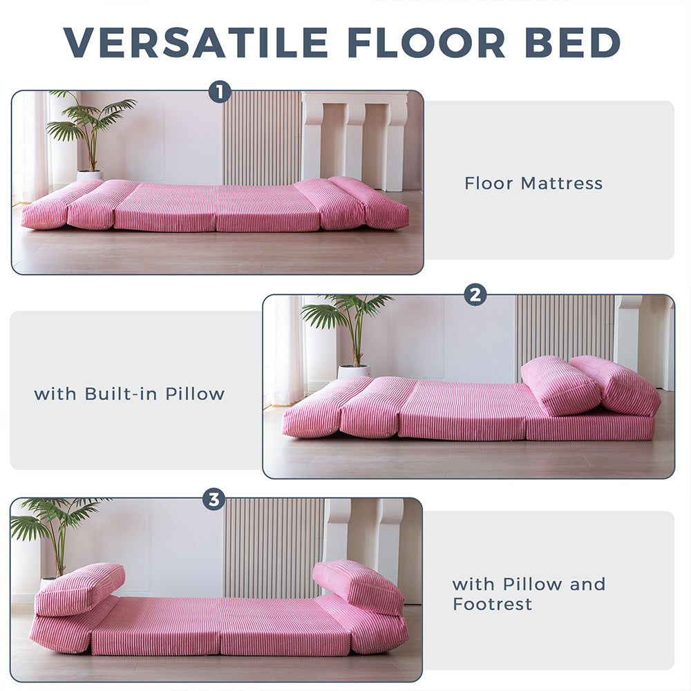 MAXYOYO Folding Sofa Bed - Extra Wide Corduroy Floor Bed in Pink | Convertible Sleeper for Small Spaces, Guest Room & Dorm | Comfortable Lounge Chair for Living Room, Bedroom & Office
