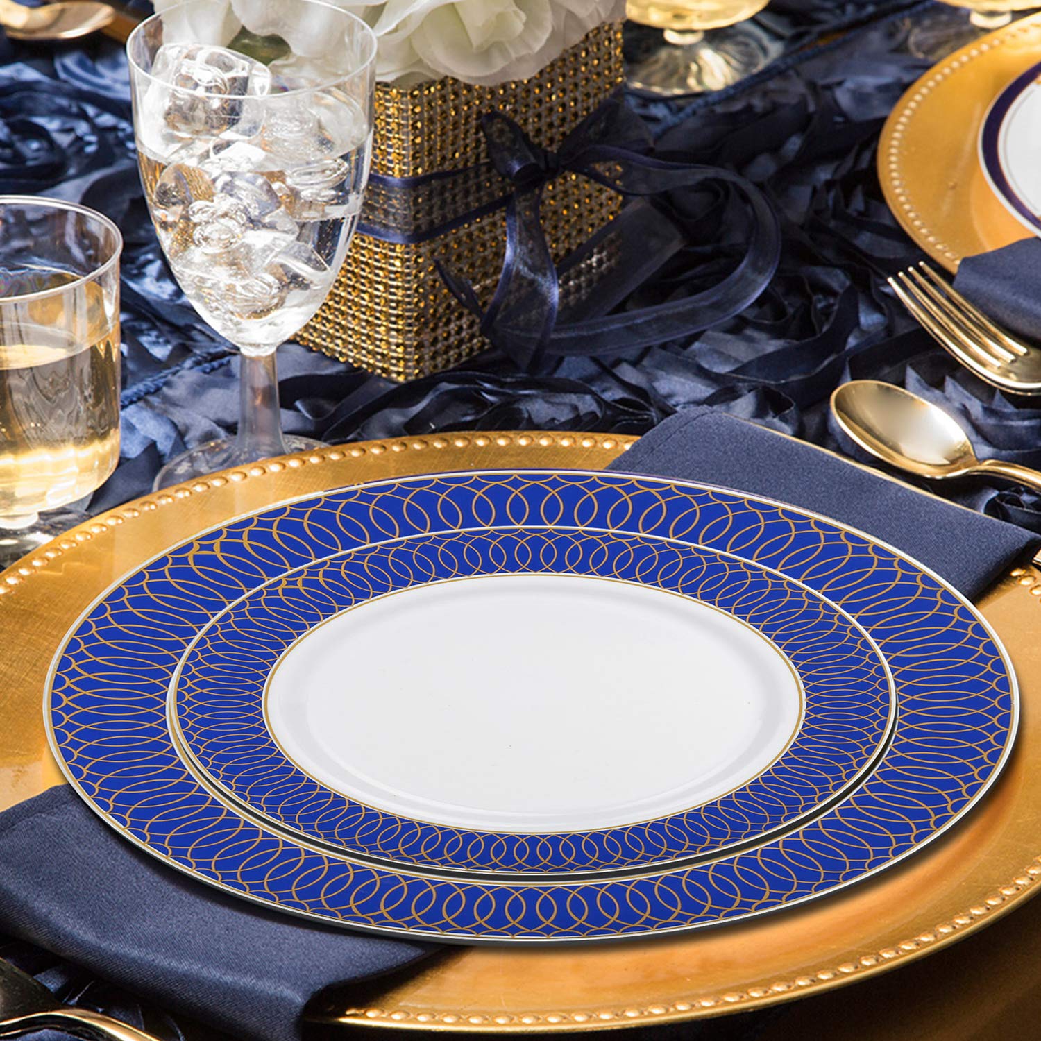 Premium 240-Count Disposable Plastic Plates Set - 120 Heavy Duty Blue & Gold Rimmed Dinner Plates + 120 Elegant Dessert Plates - Perfect for Weddings, Birthdays, Parties & Special Occasions - Ideal for Catering, BBQs, Picnics & Formal Events
