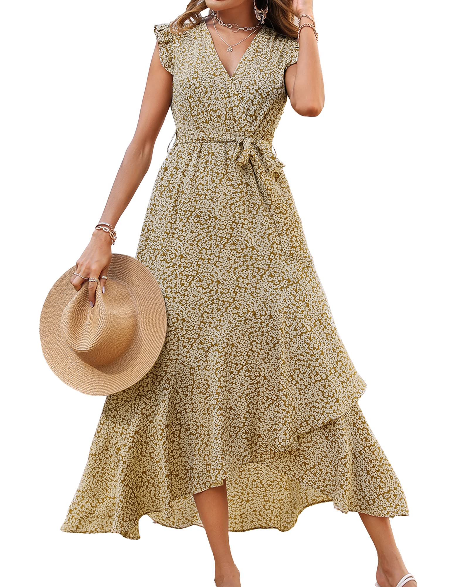 BTFBM Women's Floral Maxi Dress 2025 - V-Neck Ruffle Sleeve Wrap Belt Summer Beach Dress for Vacation, Wedding Guest & Spring Occasions | Perfect for Beach Parties, Bridal Showers and Outdoor Events