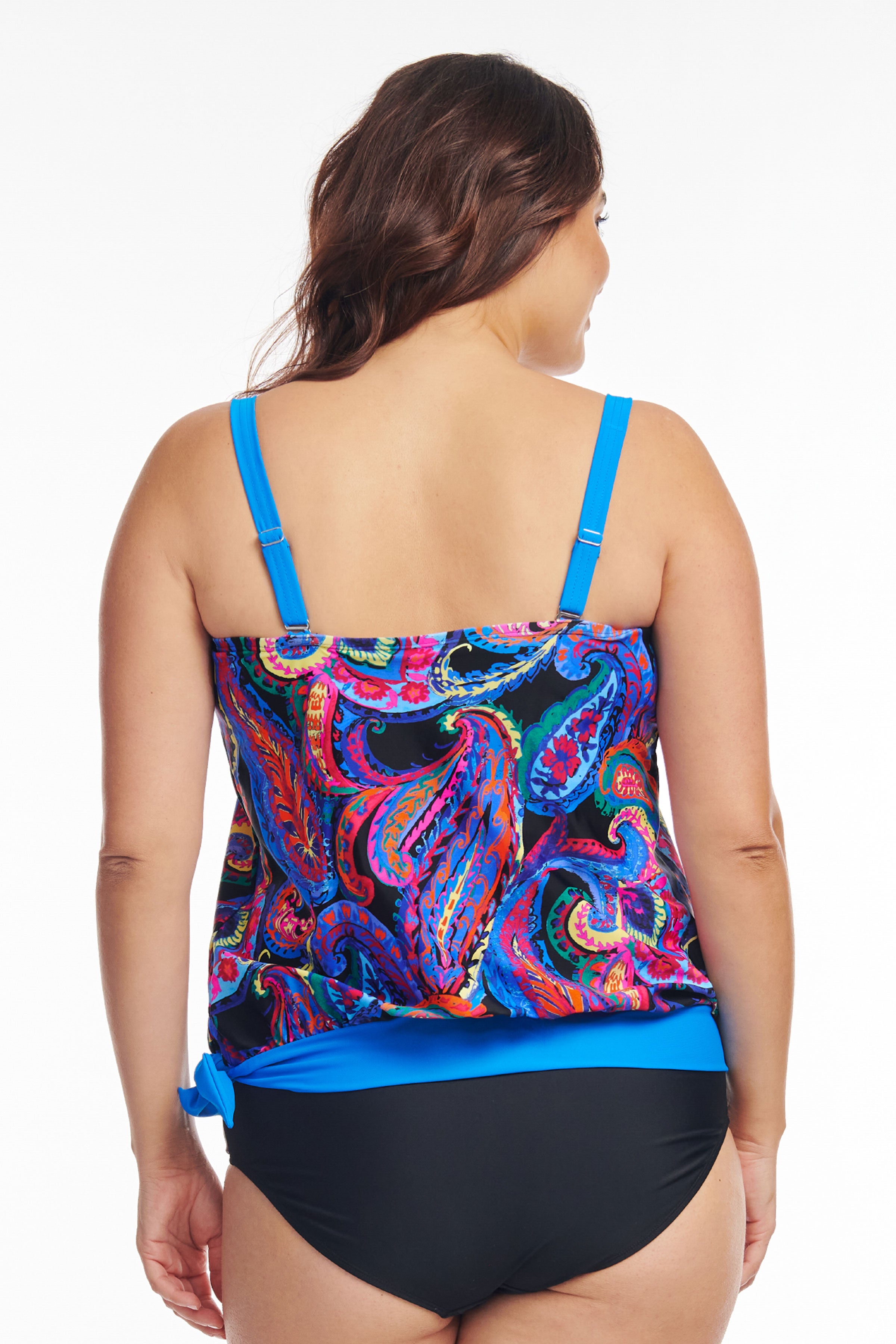 Plus Size Draped Blouson Tankini Top - French Paisley Black Print Swimwear for Women | Perfect for Beach Vacations, Pool Parties & Summer Getaways
