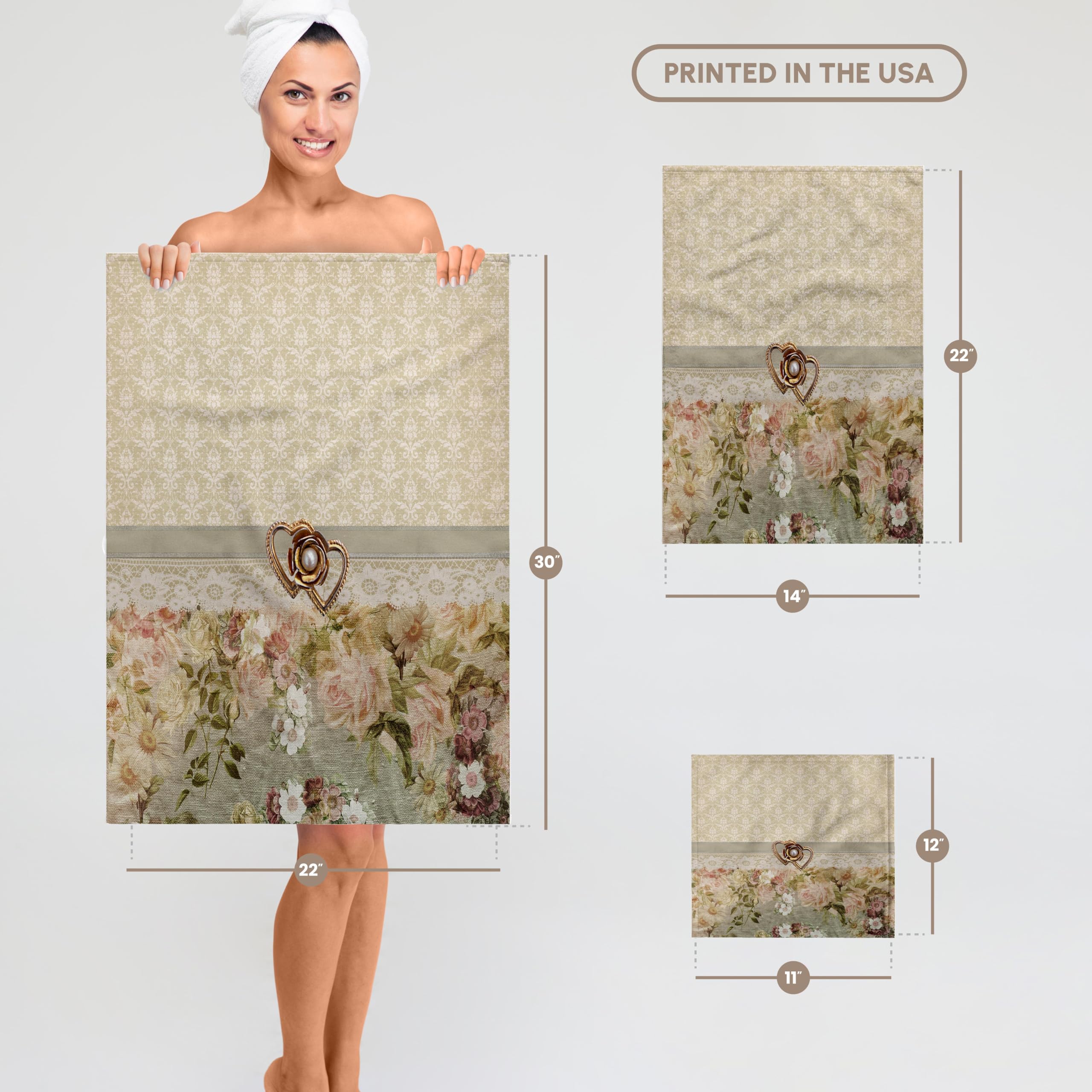3D Rose Pink Floral Towel with Gold Heart, Pearl Look, Ribbon & Lace Design - 15
