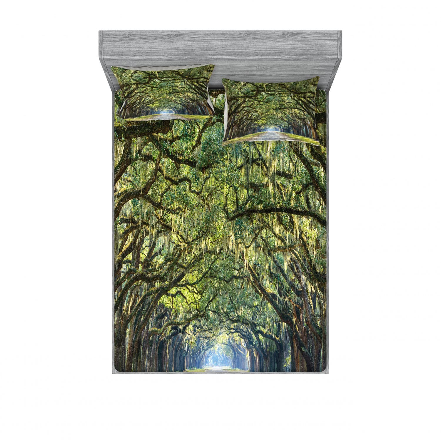 Ambesonne Forest 2-Pack Fitted Sheet & Pillow Sham Set - Serene Pathway Trekking Design, 4-Piece Bedding Decor (2 Twin XL Fitted Sheets & 4 Pillow Covers) in Green & Brown - Perfect for Camping Cabins, Rustic Bedrooms & Nature-Themed Decor