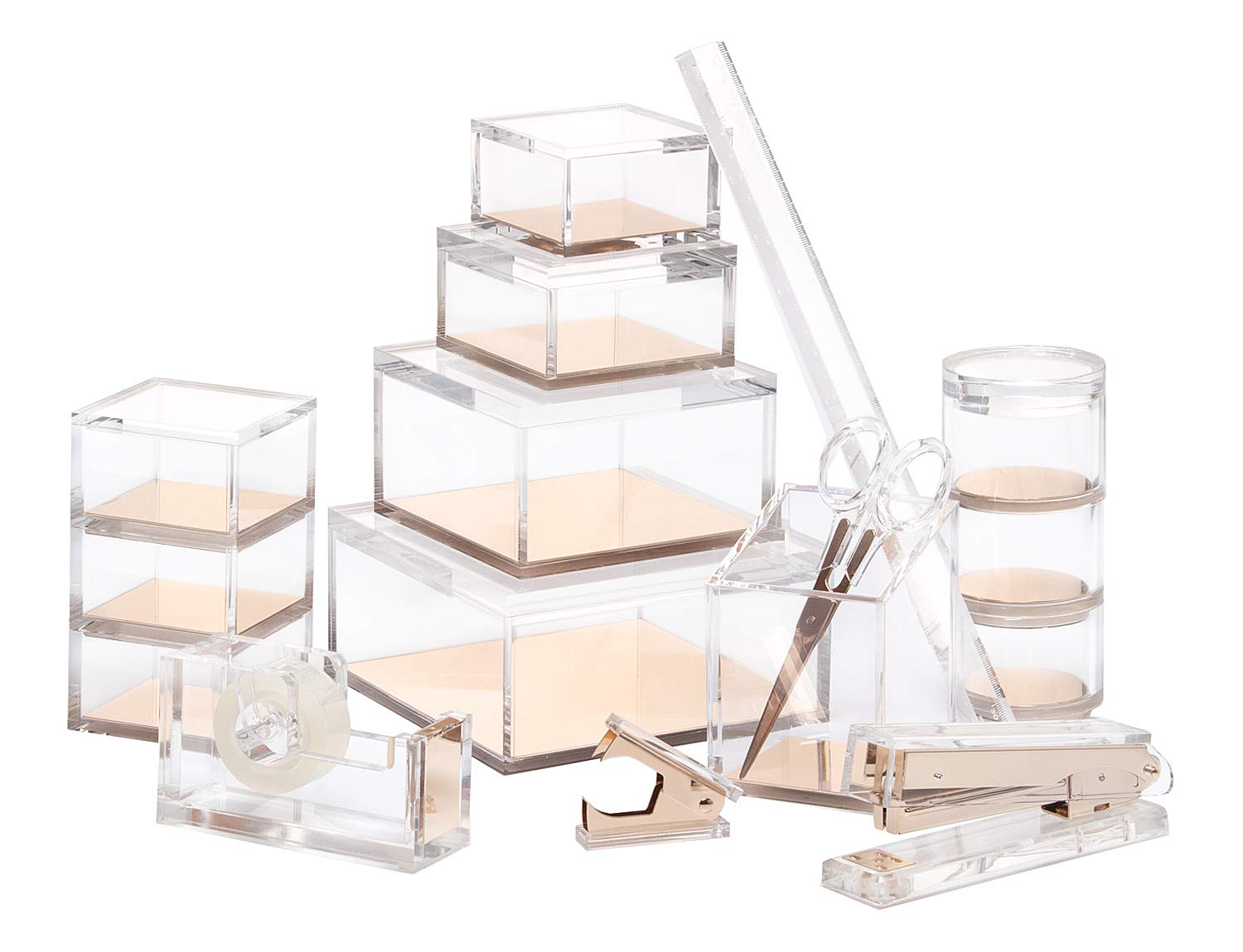 OfficeGoods Acrylic Desk Organizer with Gold Base - Stylish Storage Box for Home Office, Kitchen Counter, Bathroom Vanity & Display Shelves - Perfect for Organizing Jewelry, Makeup, Office Supplies & Collectibles - Extra Large Desktop Organizer