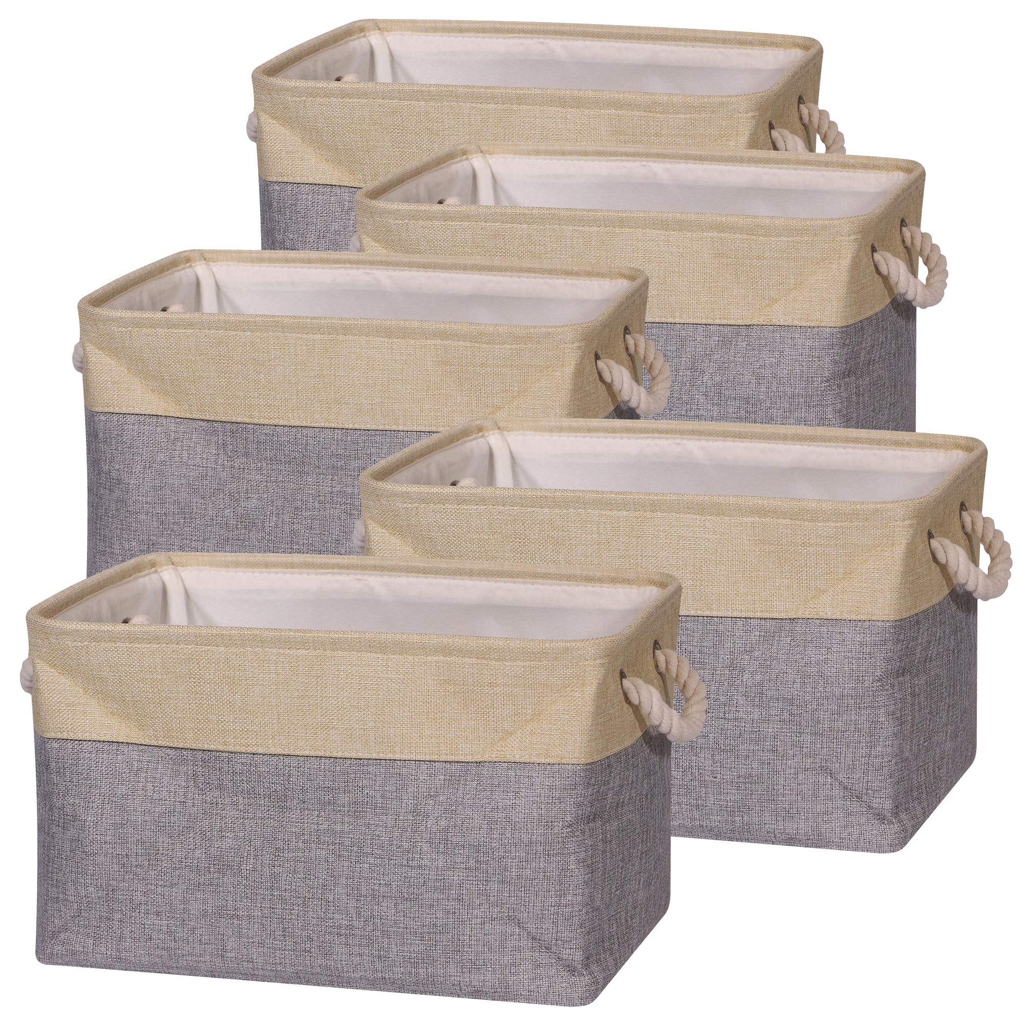 5-Pack Large Foldable Storage Bins with Handles - Collapsible Canvas Fabric Organizer Baskets for Closet, Home, Office, Nursery - Grey & Beige | Perfect for Clothes, Toys, Books & Home Organization