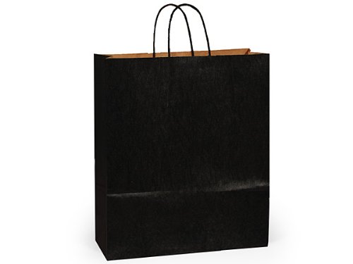 200 Pack Black Recycled Kraft Paper Shopping Bags with Serrated Edge Tops & Sturdy Twisted Paper Handles - 16
