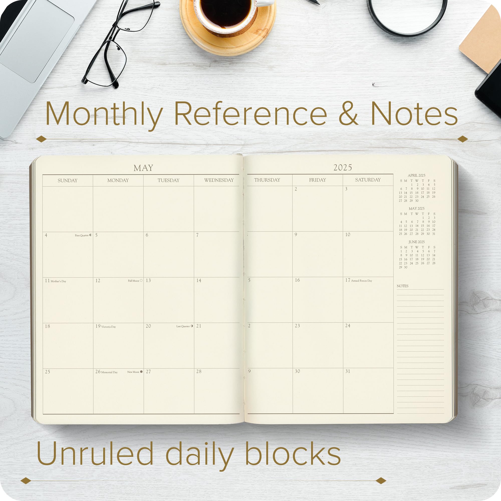 2025 Gallery Leather Large Monthly Planner - Elegant Bound Calendar & Notebook with Gold-Gilded Edges, 18 Months (Acadia Malibu, 9.75 x 7.5