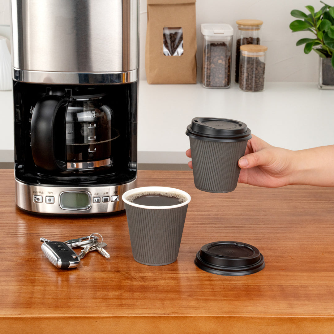 8 oz Gray Ripple Wall Paper Coffee Cups with Black Lids - 3.5