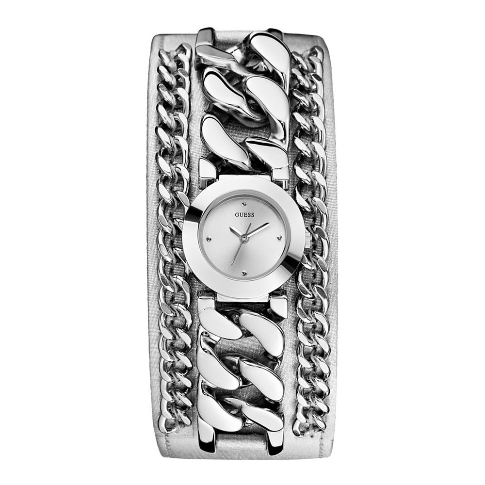 GUESS Factory Women's Sparkle and Shine Chain Cuff Watch - Elegant Stainless Steel Bracelet Watch with Crystal Accents for Everyday Wear & Special Occasions